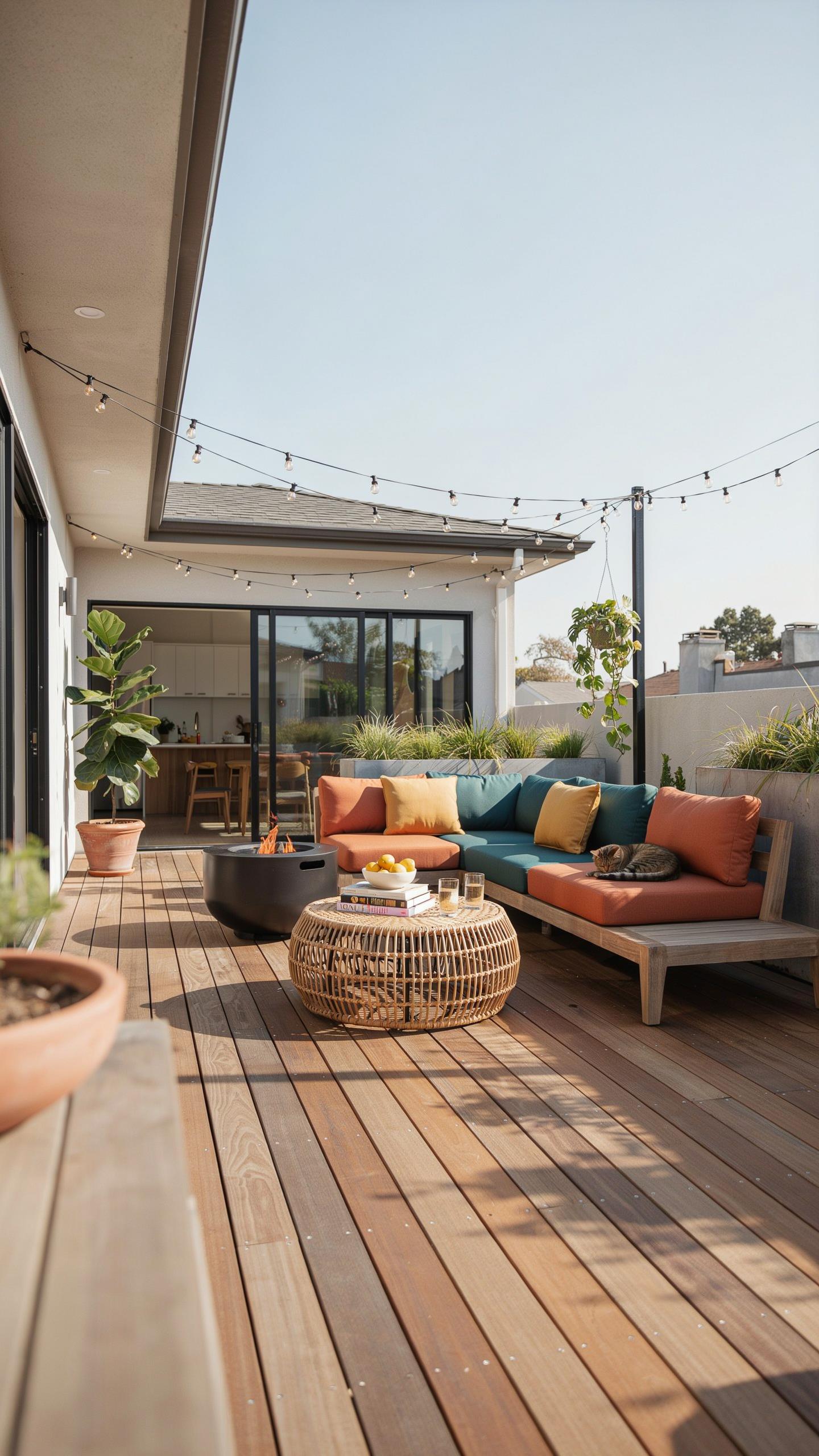 A modern outdoor deck features a sectional sofa with teal and orange cushions, a round woven coffee table, and a circular fire pit, all under string l