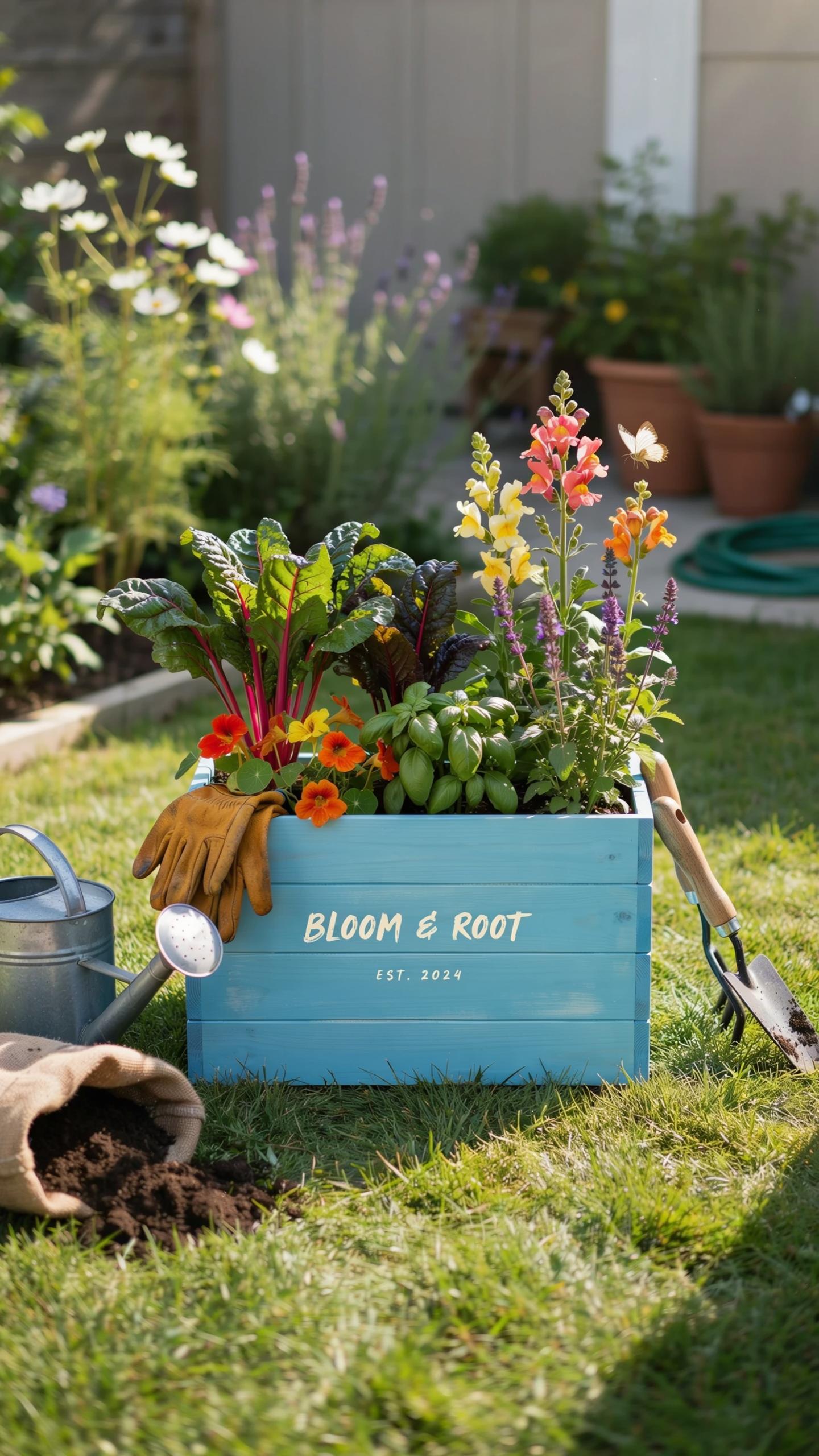 A vibrant blue wooden planter box sits on lush green grass, filled with various colorful plants including red-stemmed chard, basil, and snapdragons, s