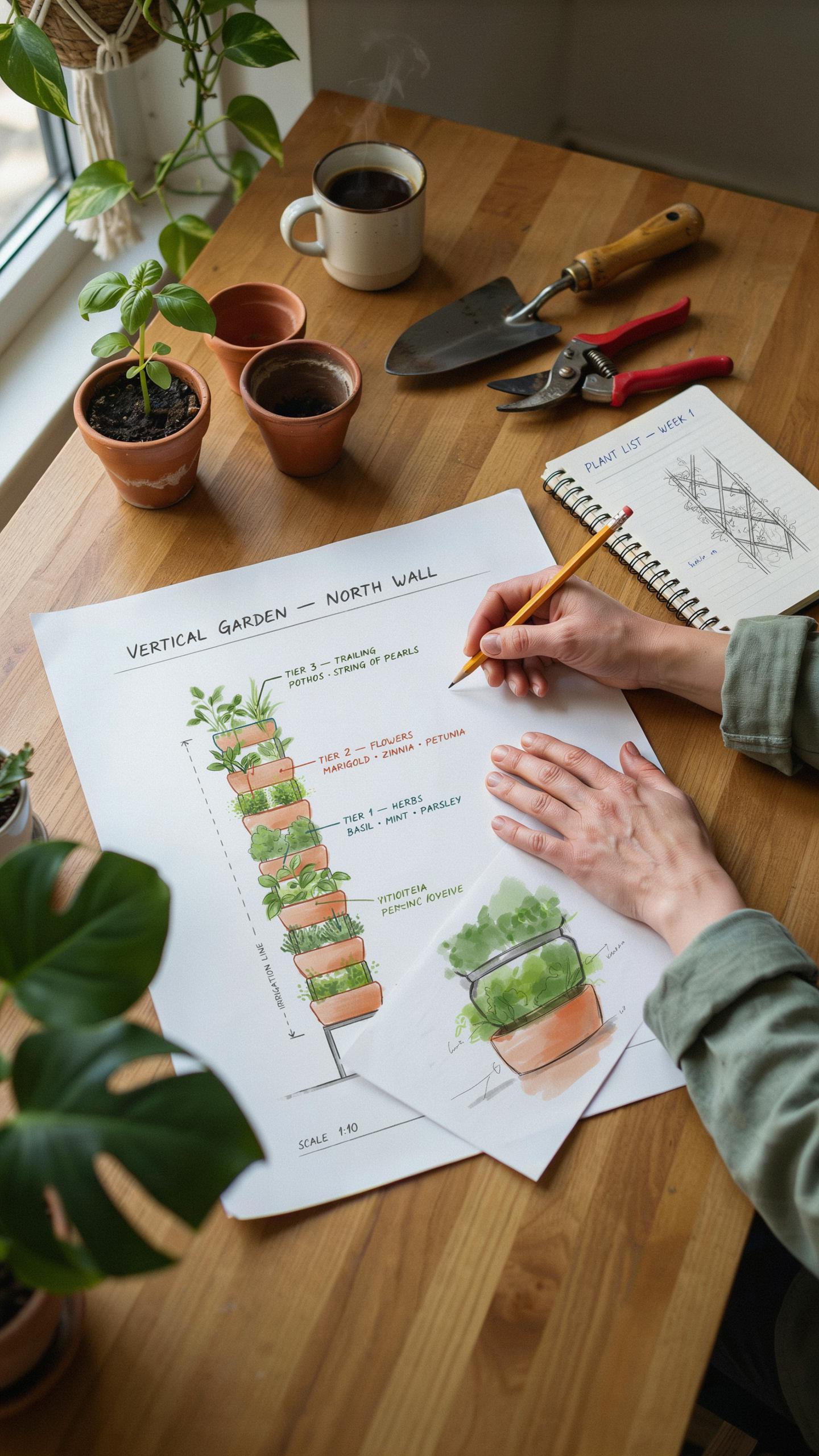 A top-down view shows a person's hands drawing on a blueprint for a vertical garden, surrounded by small terracotta pots, gardening tools, a notebook,