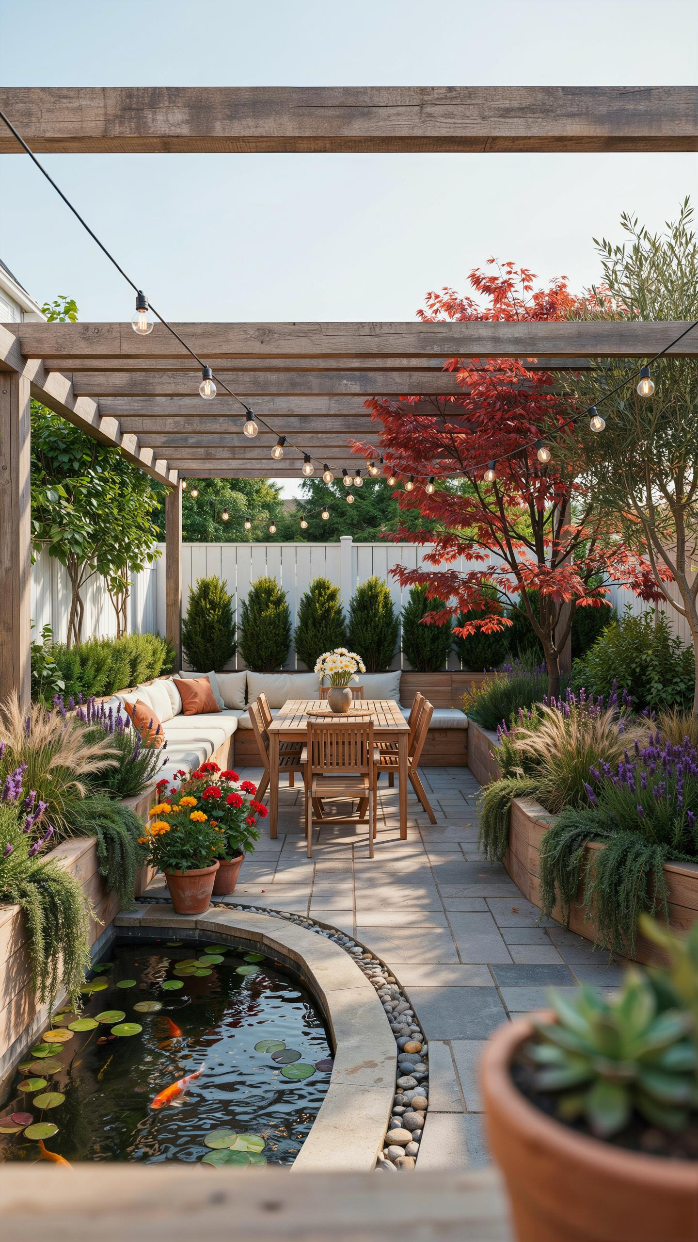 An outdoor patio features a wooden pergola strung with fairy lights, a dining table with chairs, built-in benches with cushions, several planted garde