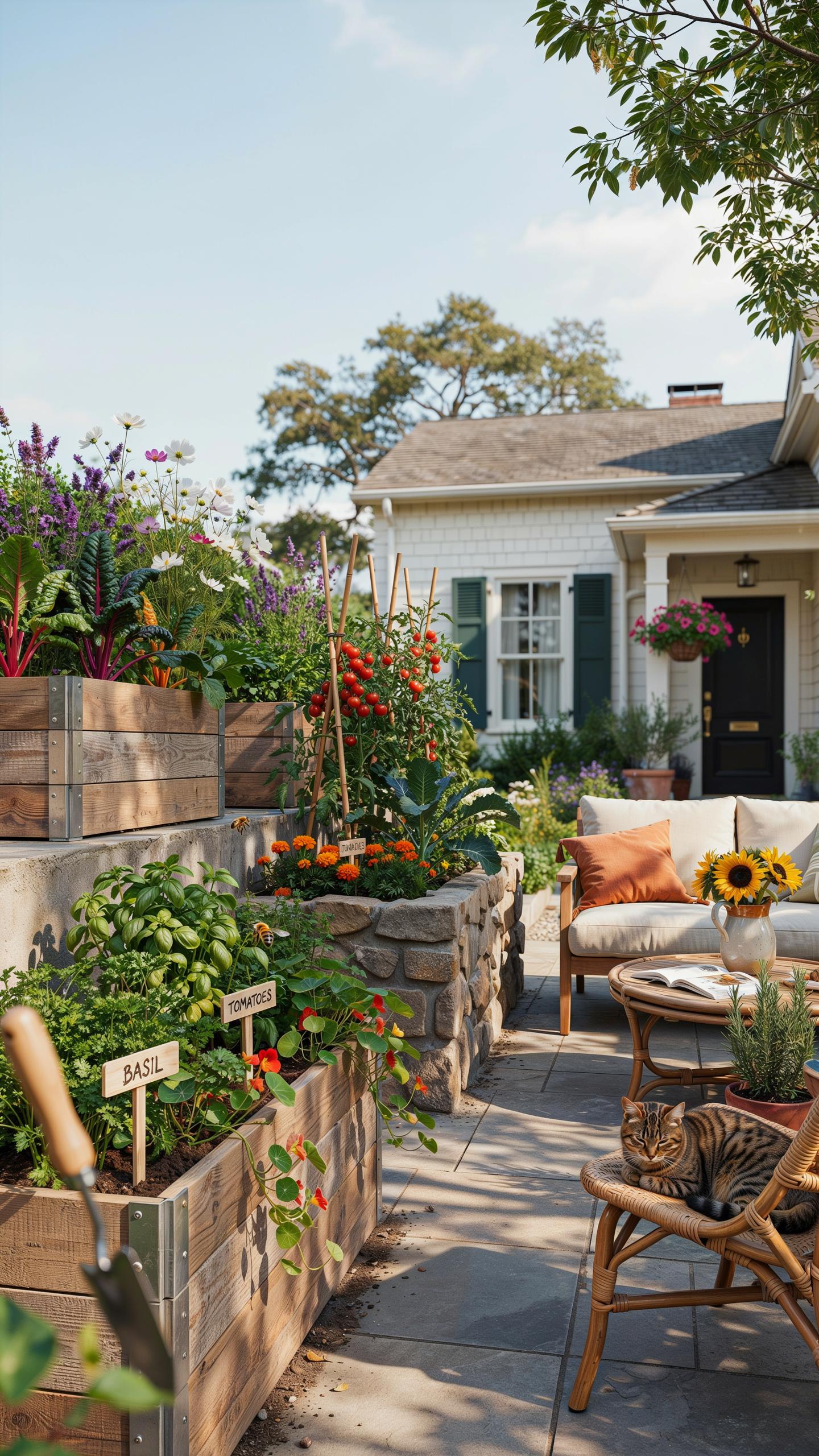 A vibrant garden patio features tiered wooden raised beds brimming with herbs, vegetables, and colorful flowers next to a cozy outdoor seating area, a