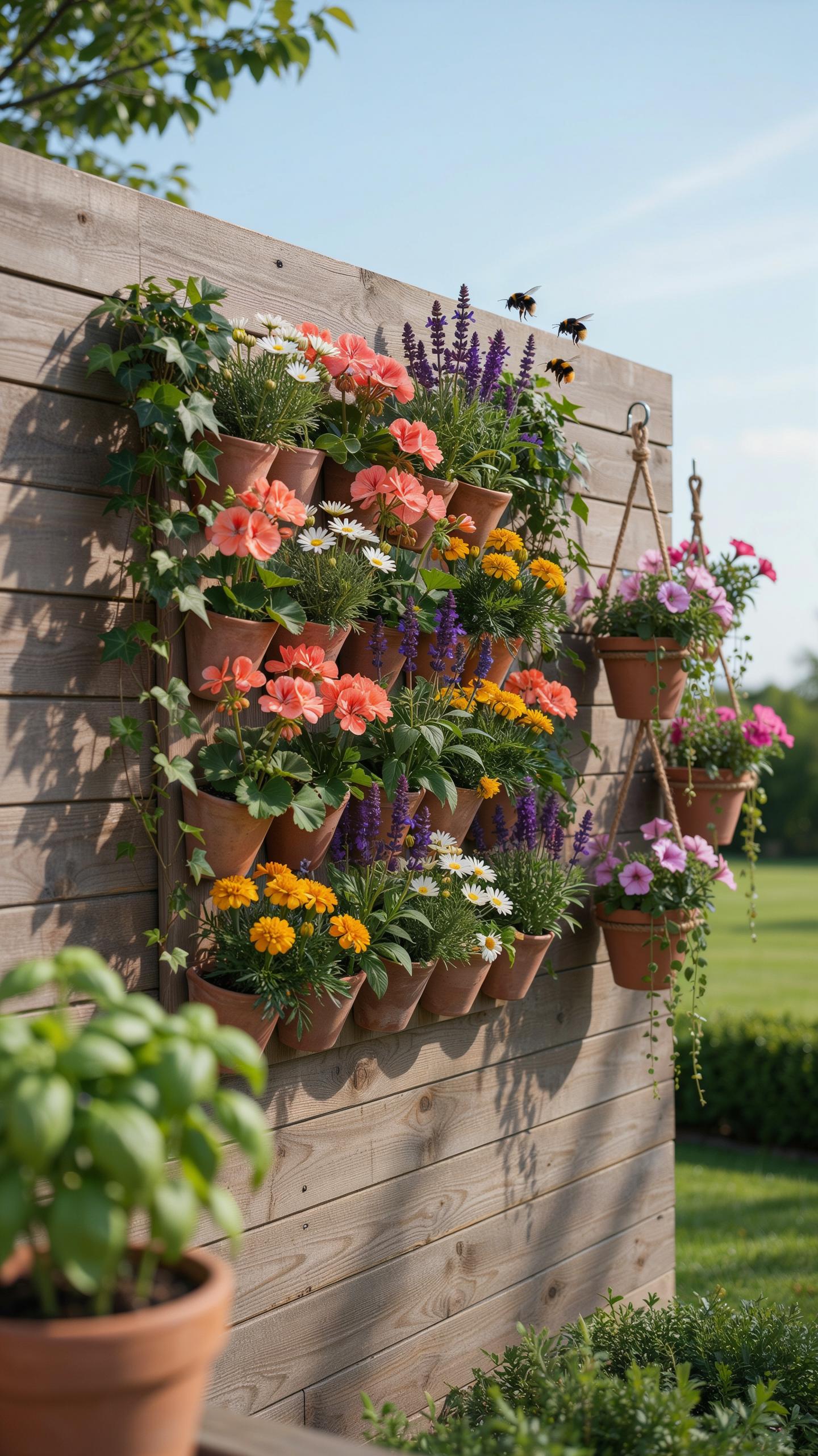 A vibrant vertical garden made of terracotta pots overflowing with various colorful flowers and trailing ivy is mounted on a rustic wooden fence under