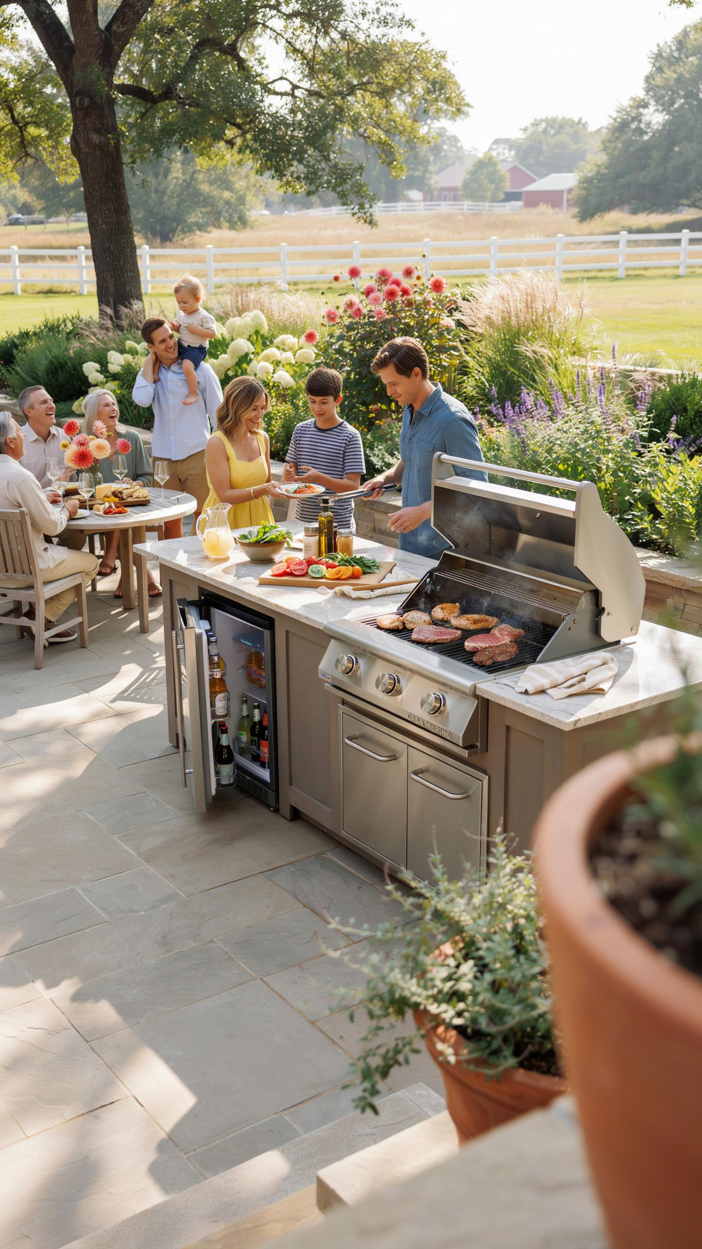 A multi-generational family and friends gather for an outdoor barbecue on a stone patio, with a man grilling meat on a stainless steel outdoor kitchen