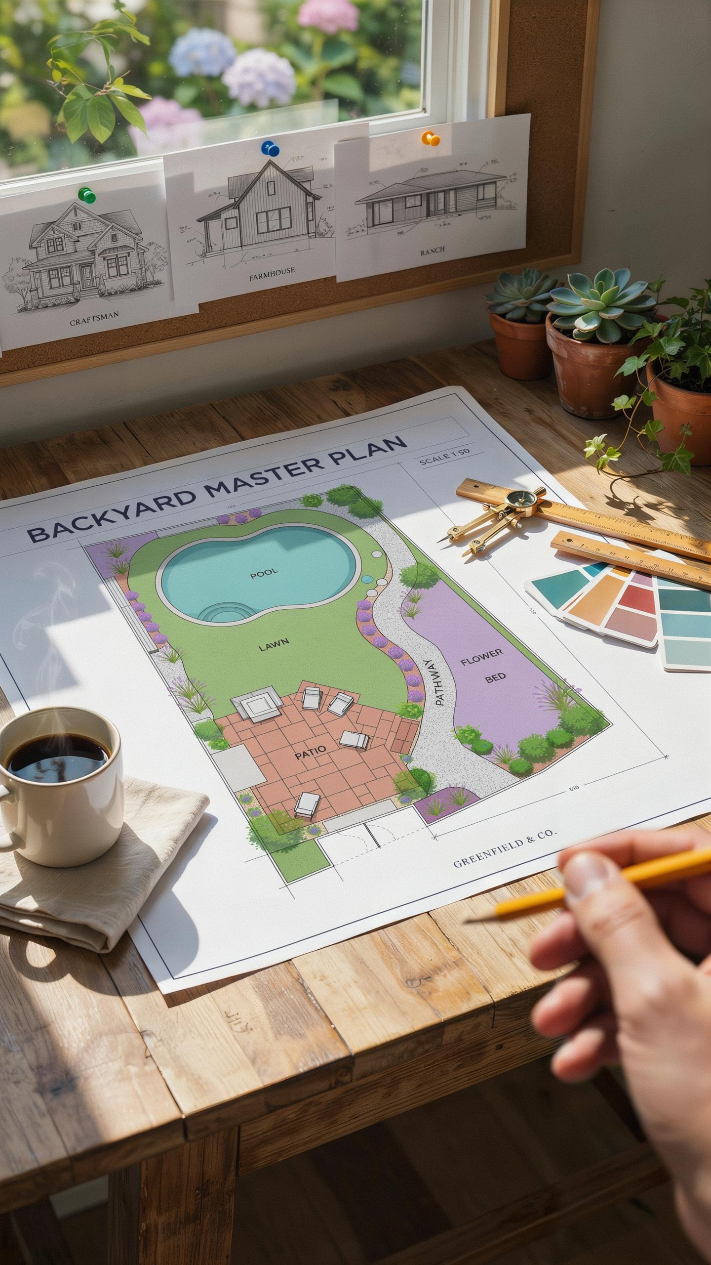 A person's hand with a yellow pencil is poised over a 'Backyard Master Plan' drawing on a rustic wooden desk, with a cup of coffee, color swatches, an