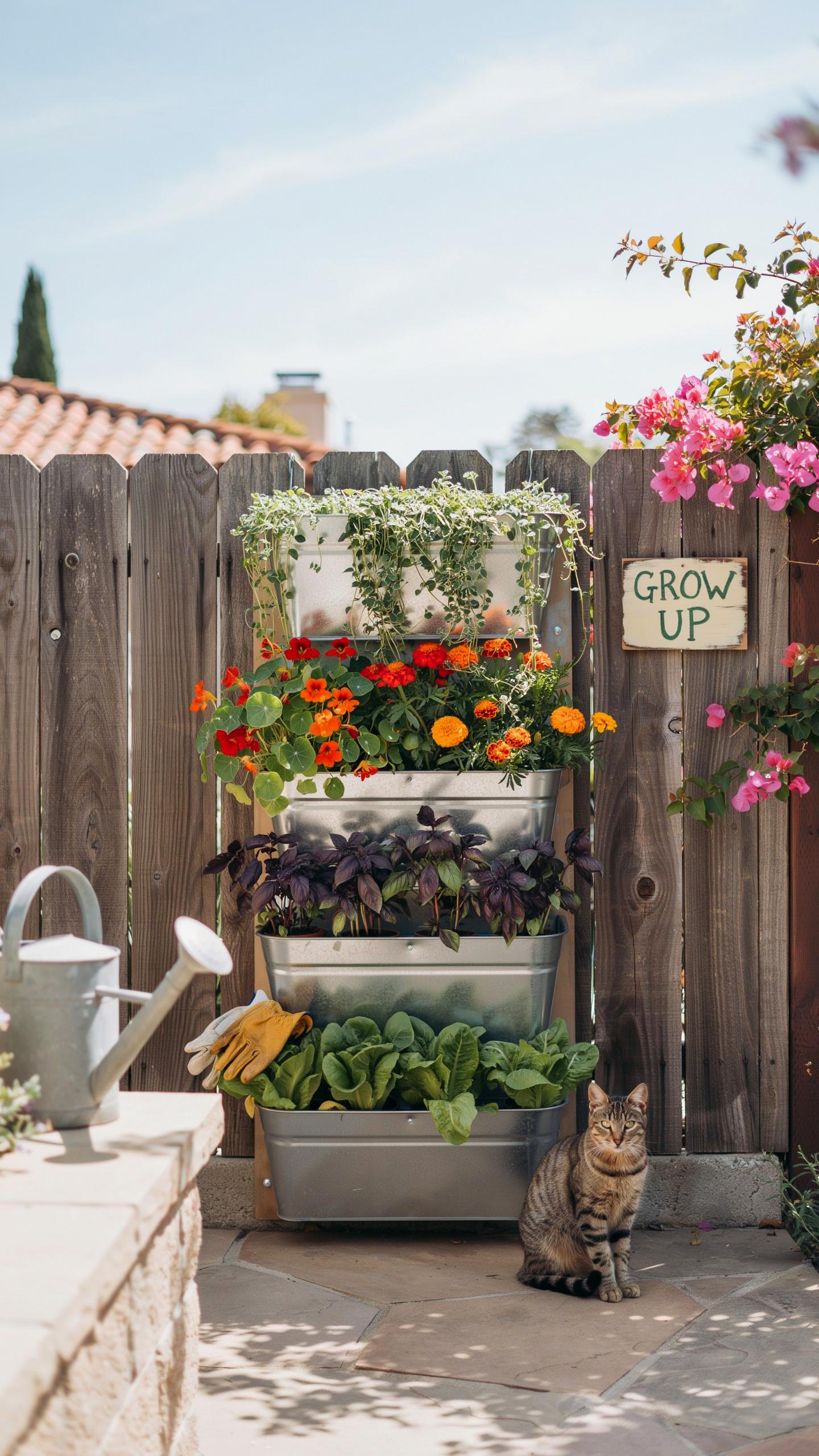 A striped tabby cat sits in front of a four-tiered metal vertical garden filled with herbs and flowers, beside a weathered wooden fence with a "GROW U