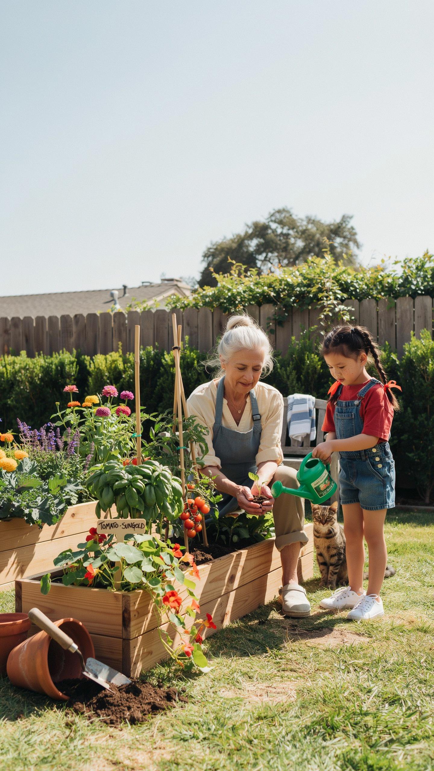 An elderly woman with gray hair wearing an apron and a young girl in denim overalls with dark pigtails are kneeling beside raised garden beds, surroun
