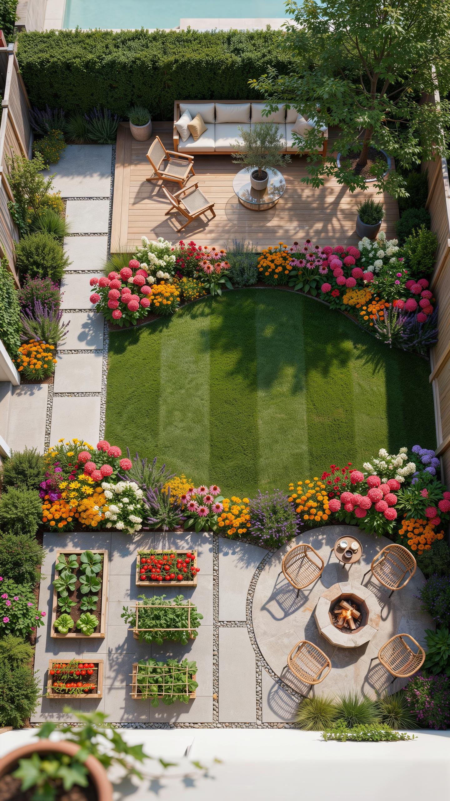 An aerial view shows a rectangular backyard divided into distinct zones: a wooden deck with outdoor furniture, a vibrant flower bed, a manicured lawn,