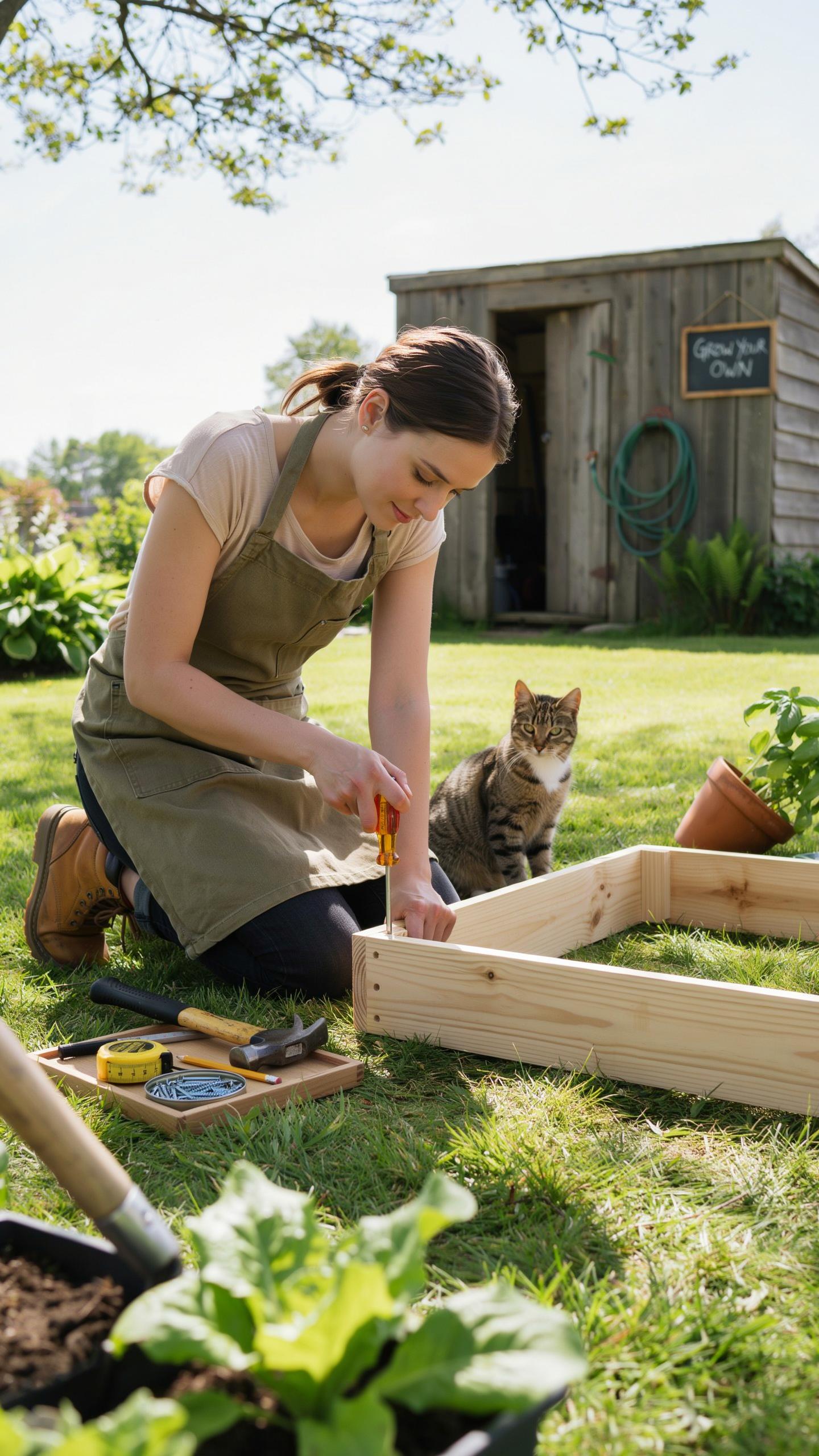 A woman wearing a brown apron kneels in a sunny green garden, assembling a light wood raised garden bed with a screwdriver. A tabby cat sits nearby, w