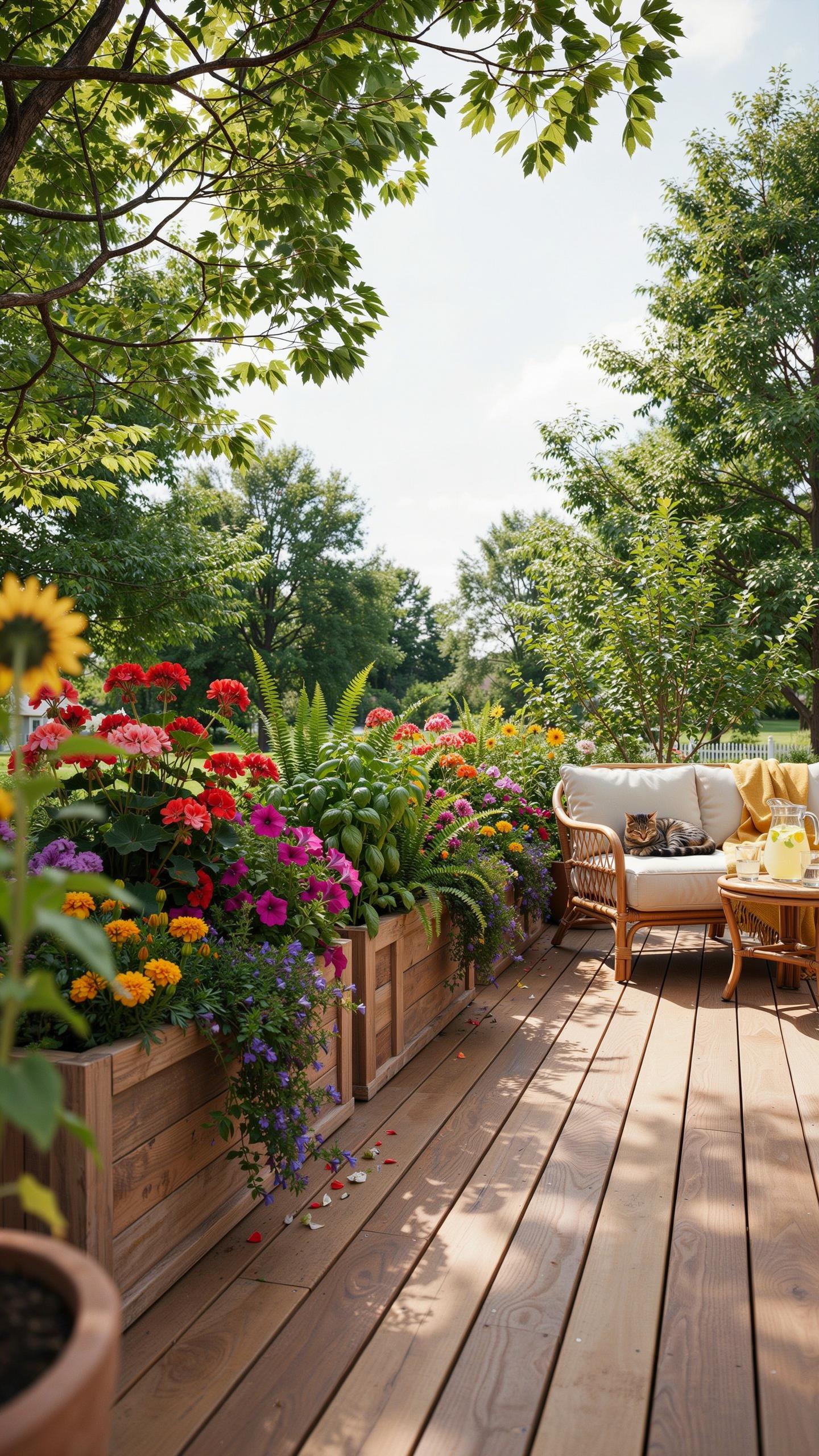 A wooden deck features a long planter box overflowing with colorful annual flowers and green foliage, with outdoor furniture including a light-cushion
