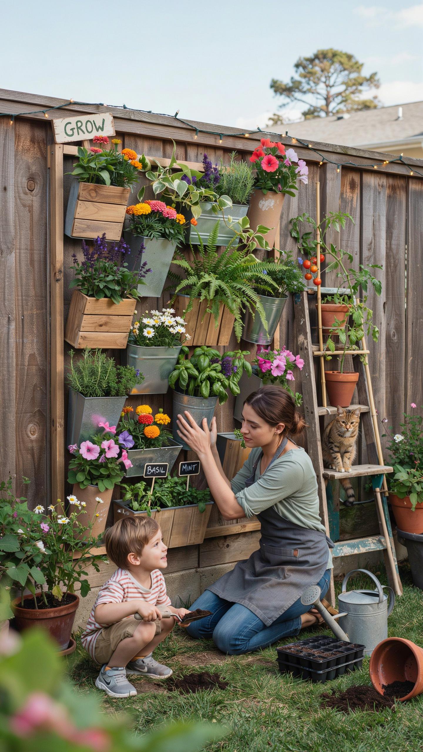 A woman and a young boy are planting flowers in a vibrant vertical garden attached to a wooden fence.