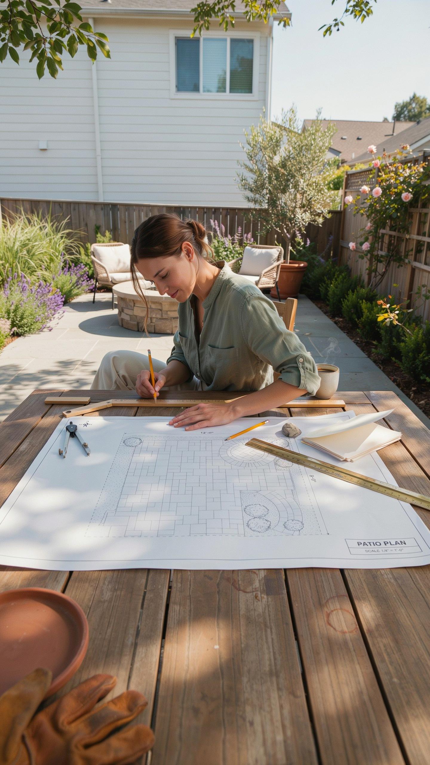 A woman with brown hair sits at an outdoor wooden table, intently drawing on a large blueprint with a pencil and ruler. In the background, a sunny bac