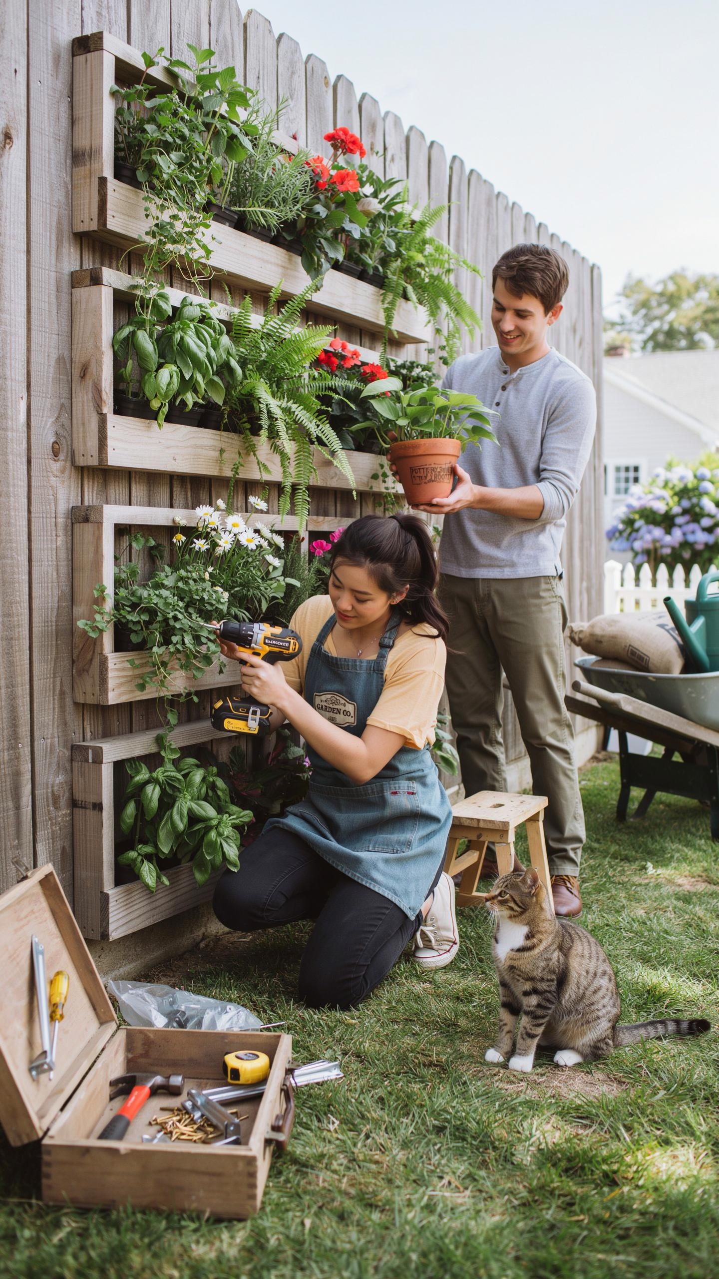A young couple works together to install and populate a vertical garden on a wooden fence, with a tabby cat observing nearby.