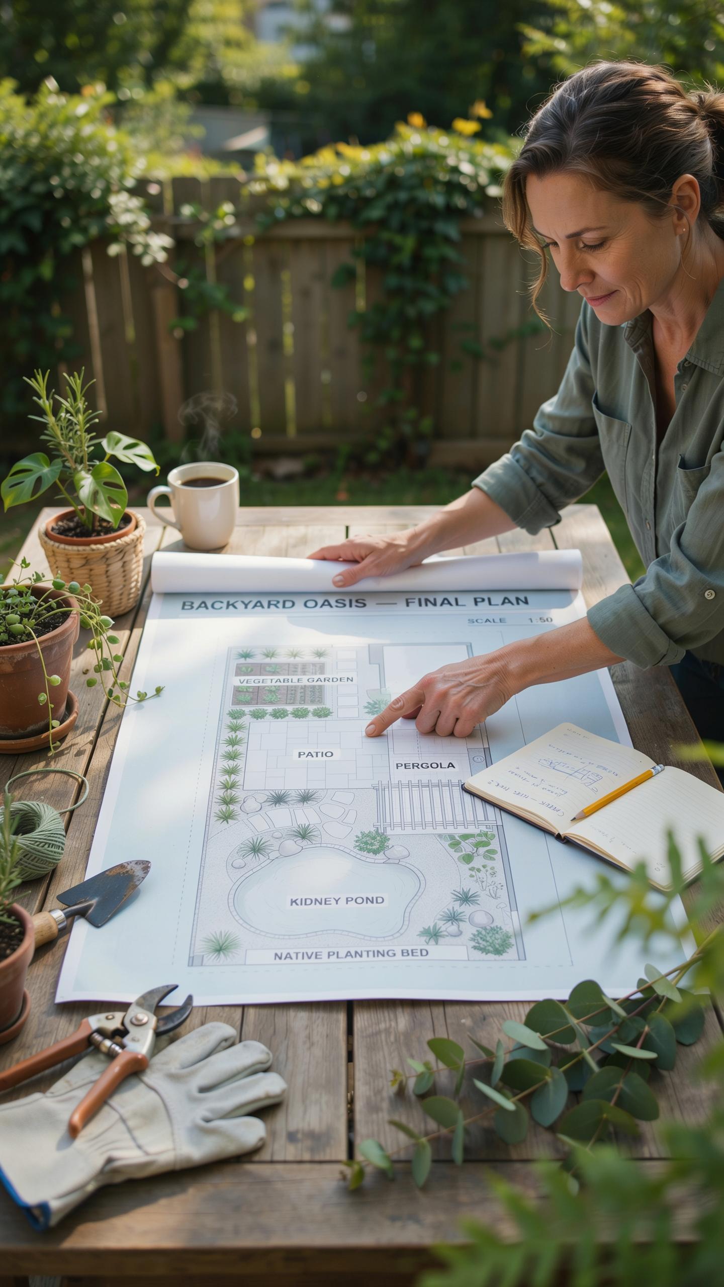 A woman with brown hair and a green shirt leans over a large architectural blueprint spread on a rustic wooden table outdoors, pointing to a section o