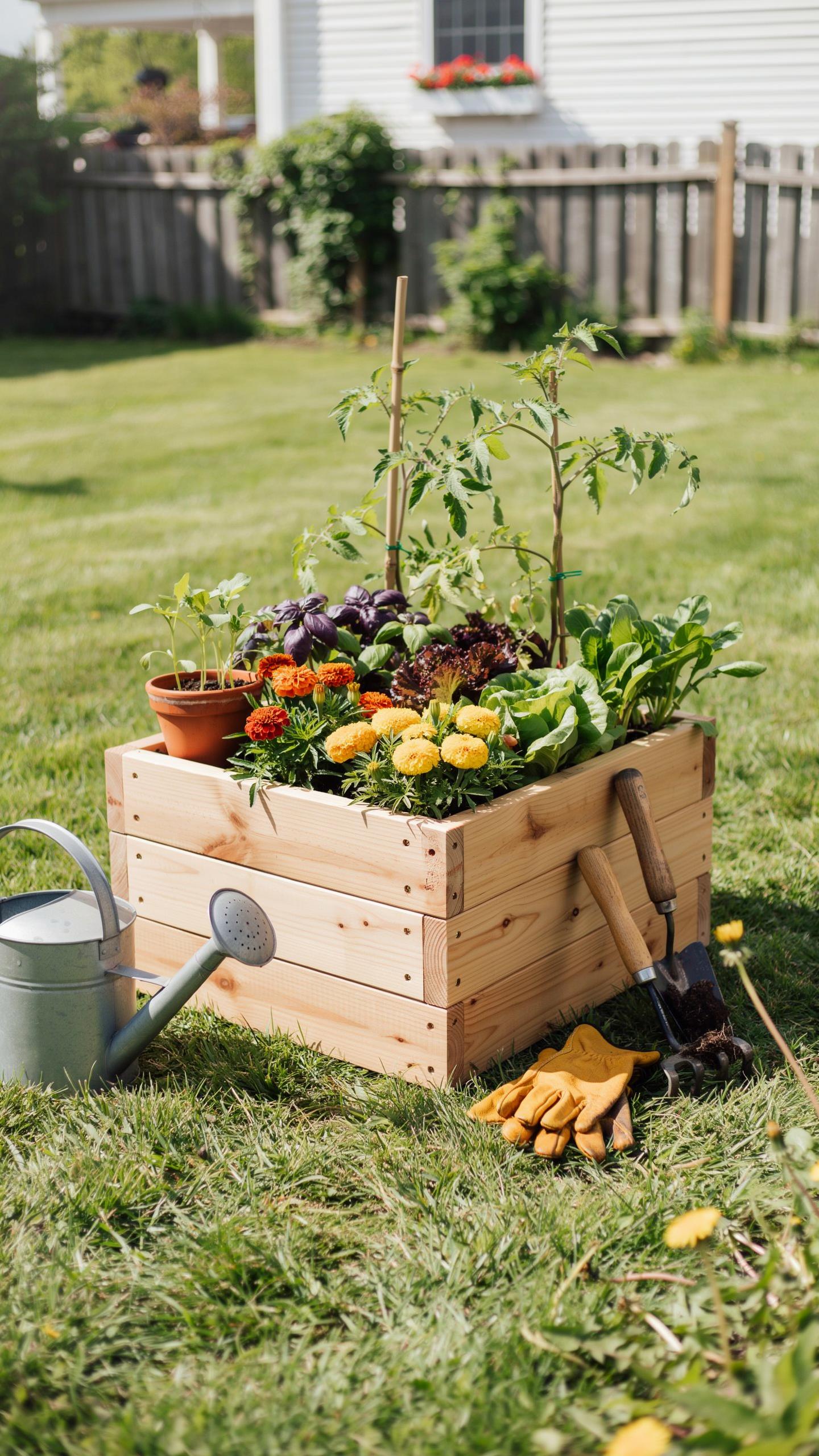 A light wooden raised garden bed sits on a green lawn, filled with various plants including green and purple leafy vegetables, small flowering plants,