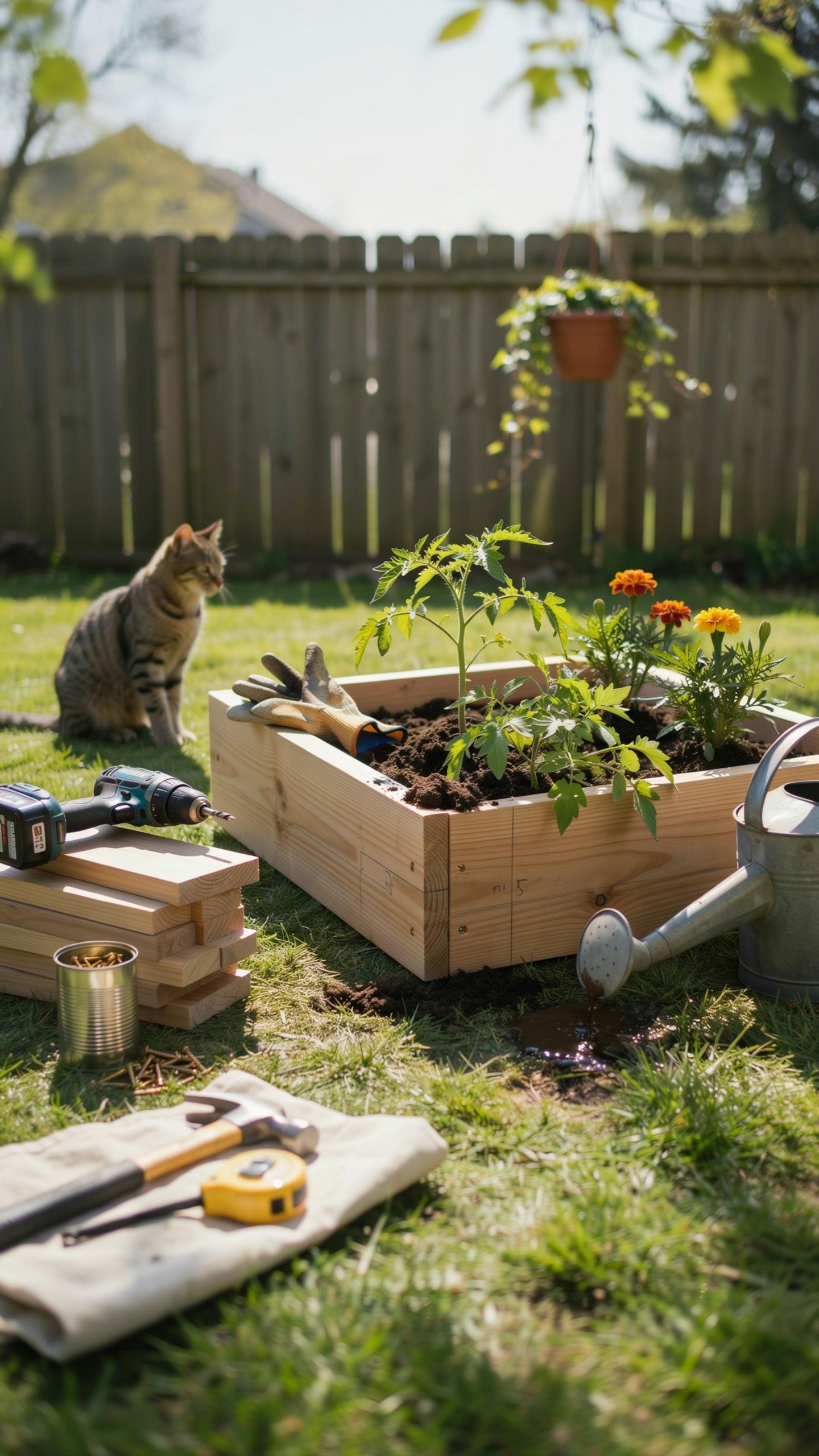 A tabby cat watches from the left as a wooden raised garden bed filled with soil and young plants sits in the center of a sunny backyard, surrounded b