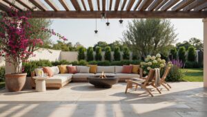 A luxurious outdoor living space features a large L-shaped sectional sofa with colorful throw pillows, a round fire pit, and two wooden lounge chairs