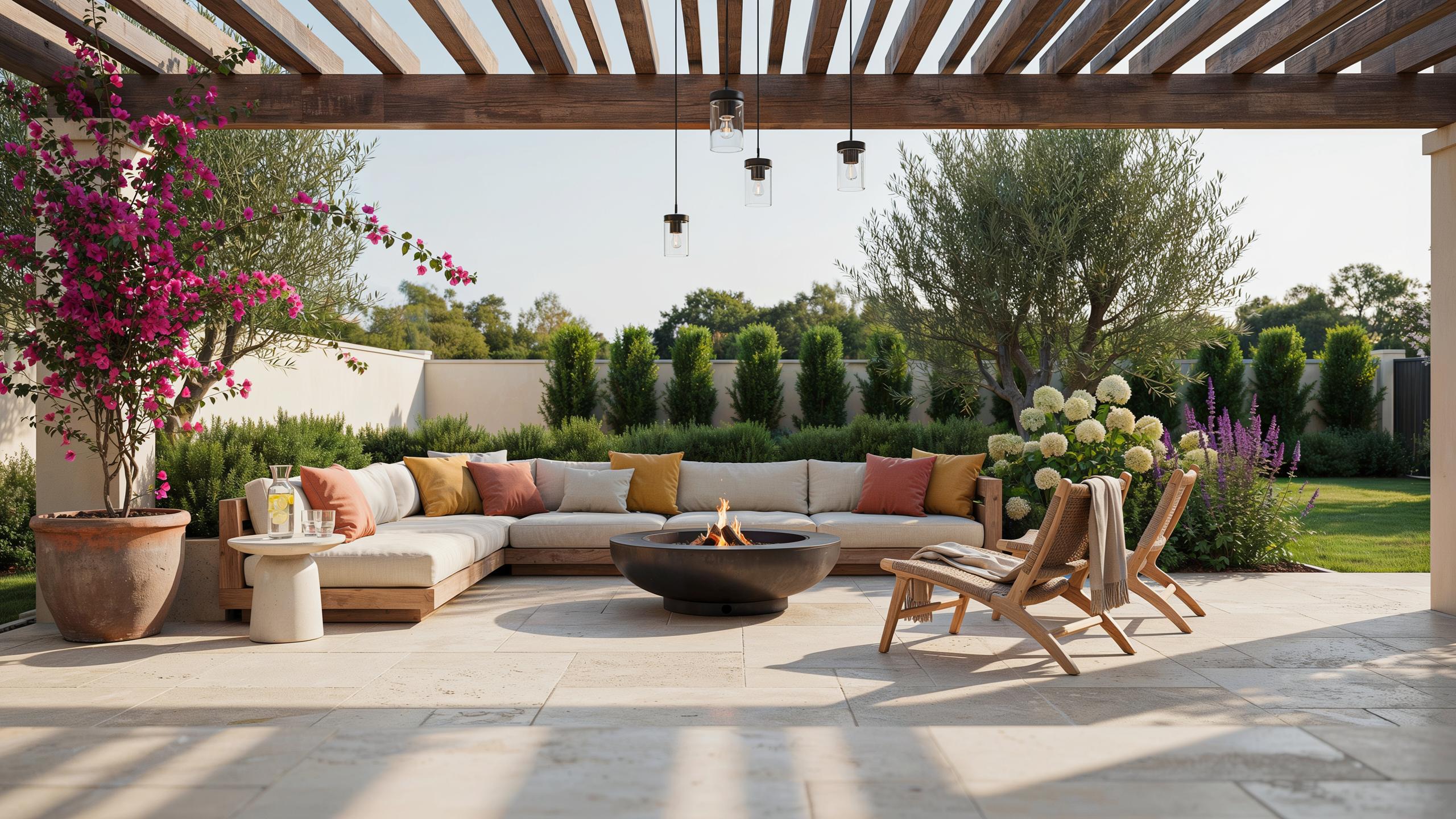 A luxurious outdoor living space features a large L-shaped sectional sofa with colorful throw pillows, a round fire pit, and two wooden lounge chairs