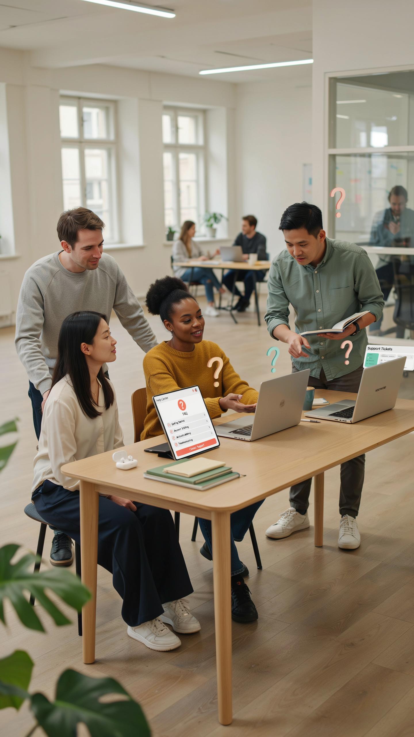 Four diverse young professionals, two men and two women, are gathered around a light wooden desk in a brightly lit modern office space, looking at lap
