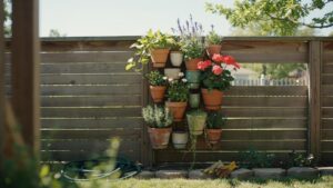 A rustic wooden fence in a sunny backyard features a vertical garden made of terracotta and colorful pots, filled with various herbs and flowering pla