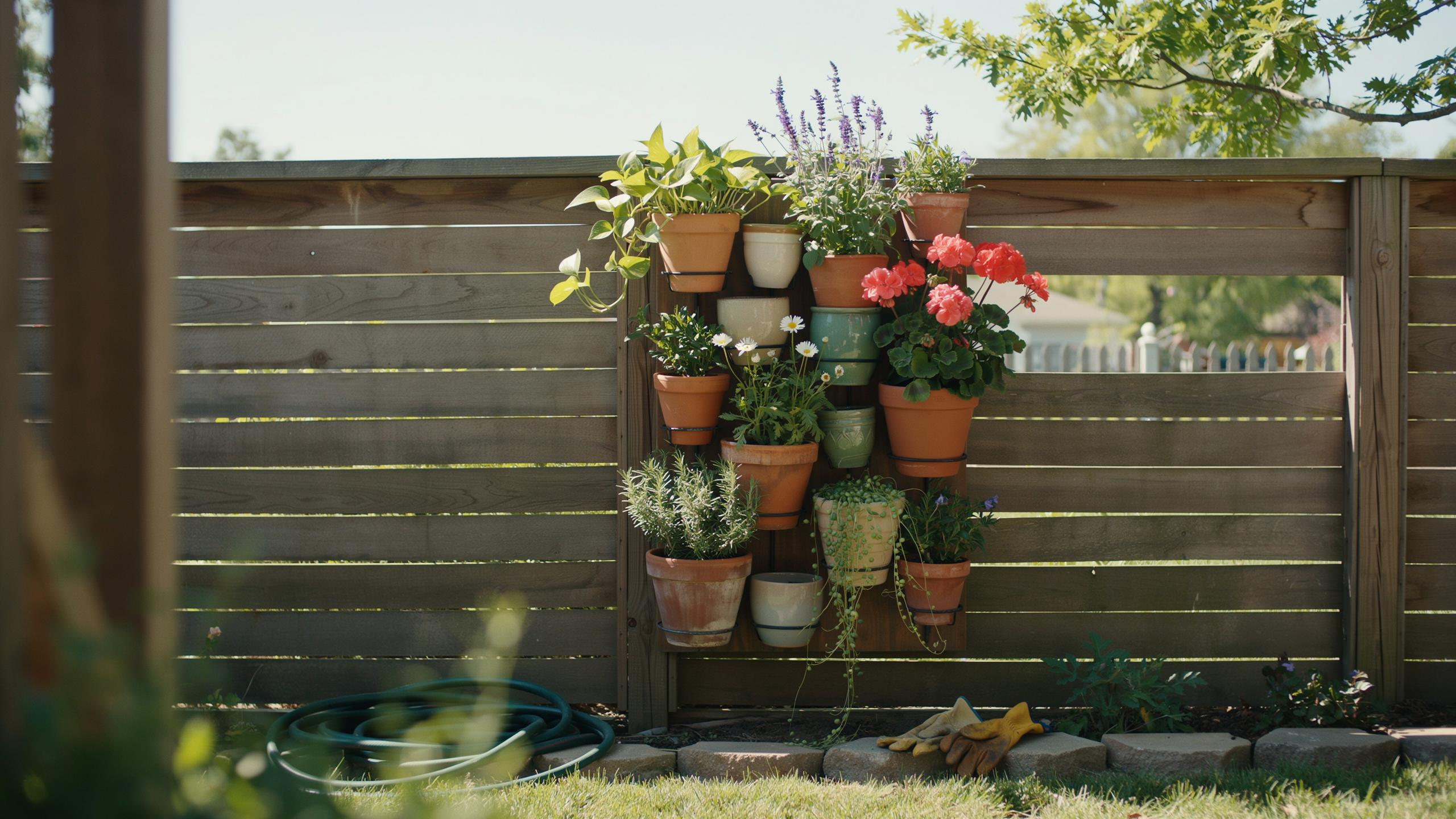 A rustic wooden fence in a sunny backyard features a vertical garden made of terracotta and colorful pots, filled with various herbs and flowering pla
