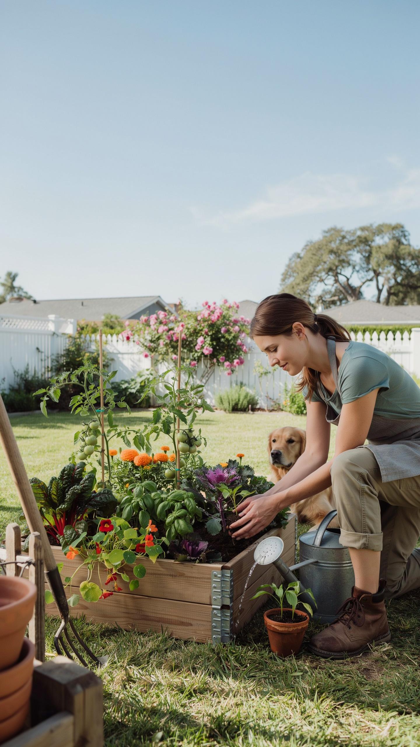 A smiling young woman in an apron and work boots kneels beside a wooden raised garden bed, tending to plants, with a small golden retriever puppy sitt