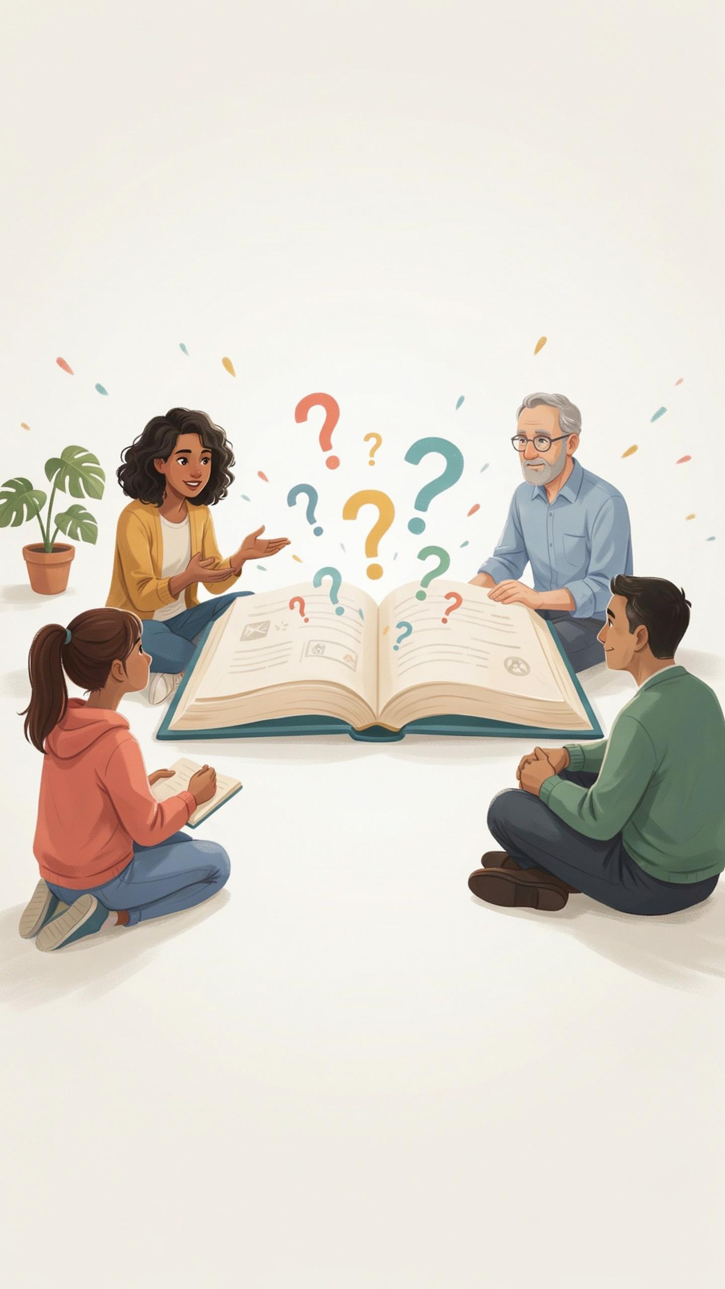 Four people, an adult woman, an adult man, a girl, and a boy, are seated on the floor around a large open book, with colorful question marks floating