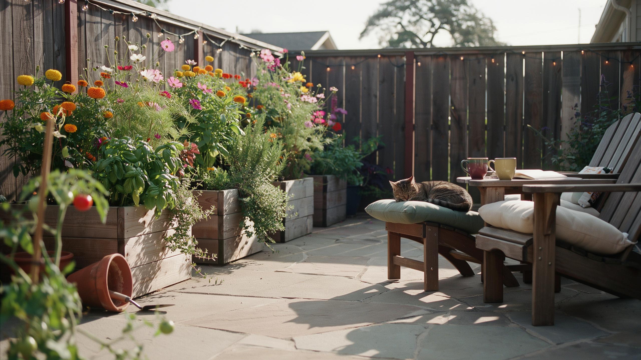 A tabby cat sleeps on a cushioned footrest next to a wooden Adirondack chair on a flagstone patio, with raised garden beds full of colorful flowers an
