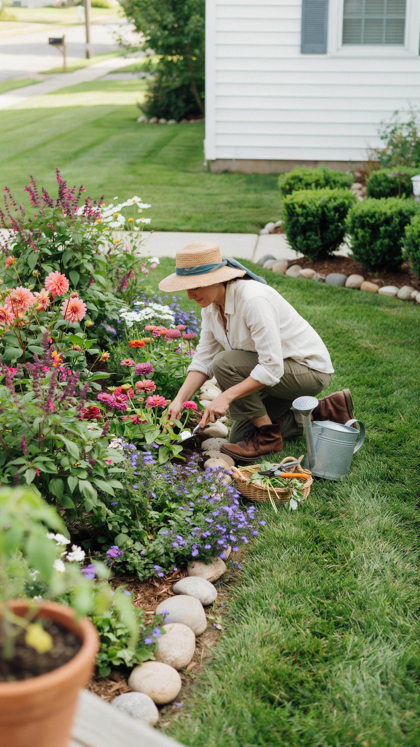 A woman wearing a straw hat and light-colored clothing kneels in a vibrant flower garden, tending to plants with a trowel. Various colorful flowers, i