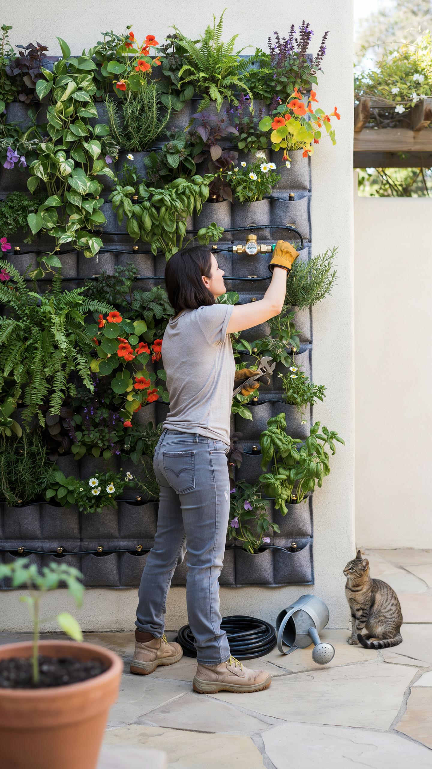 A woman with short dark hair in a gray t-shirt, blue jeans, and work boots tends to a large vertical garden on a light-colored wall, while a tabby cat