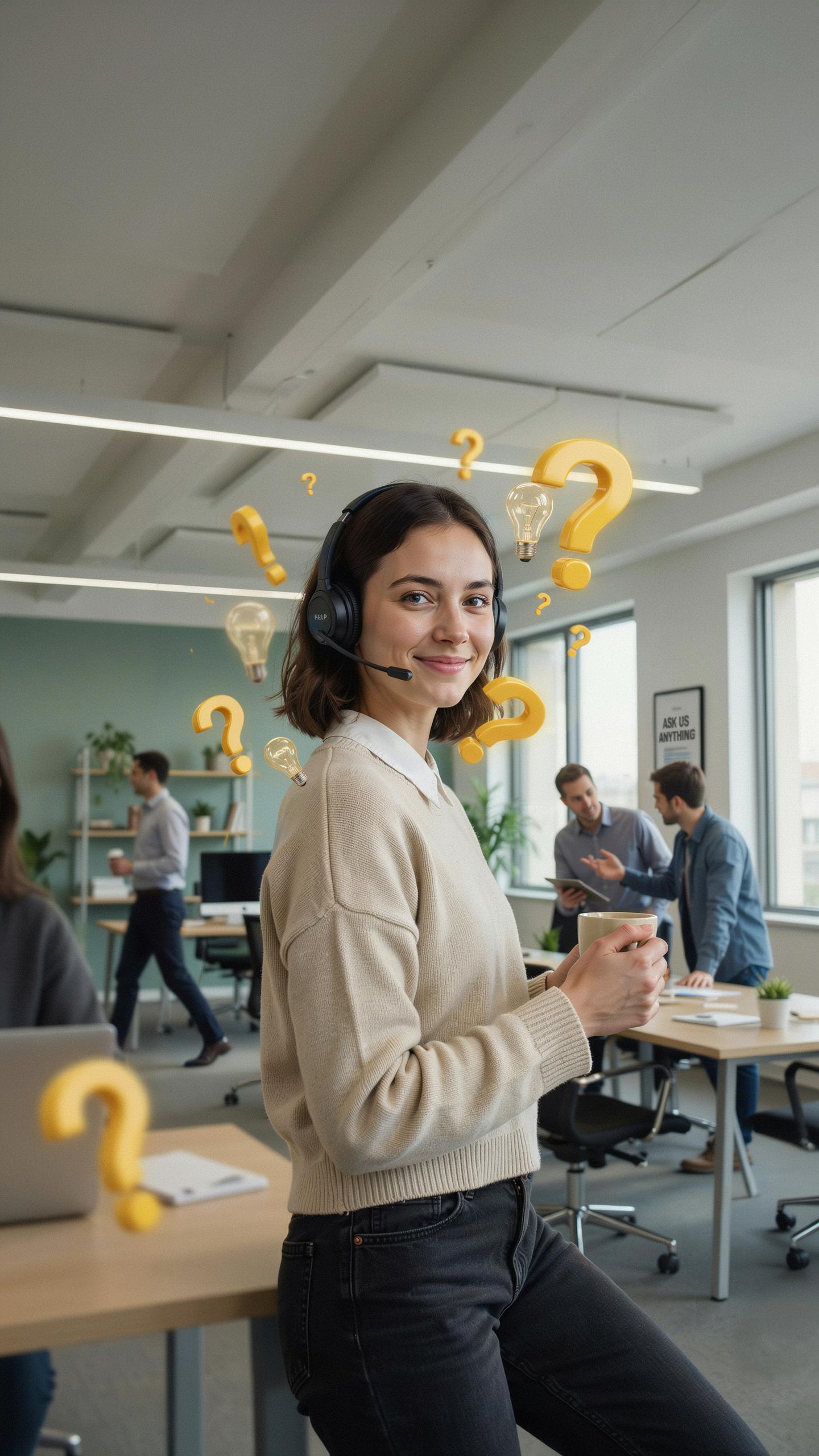 A young woman with a headset smiles at the camera while holding a mug, standing in a brightly lit office with other people and floating yellow questio