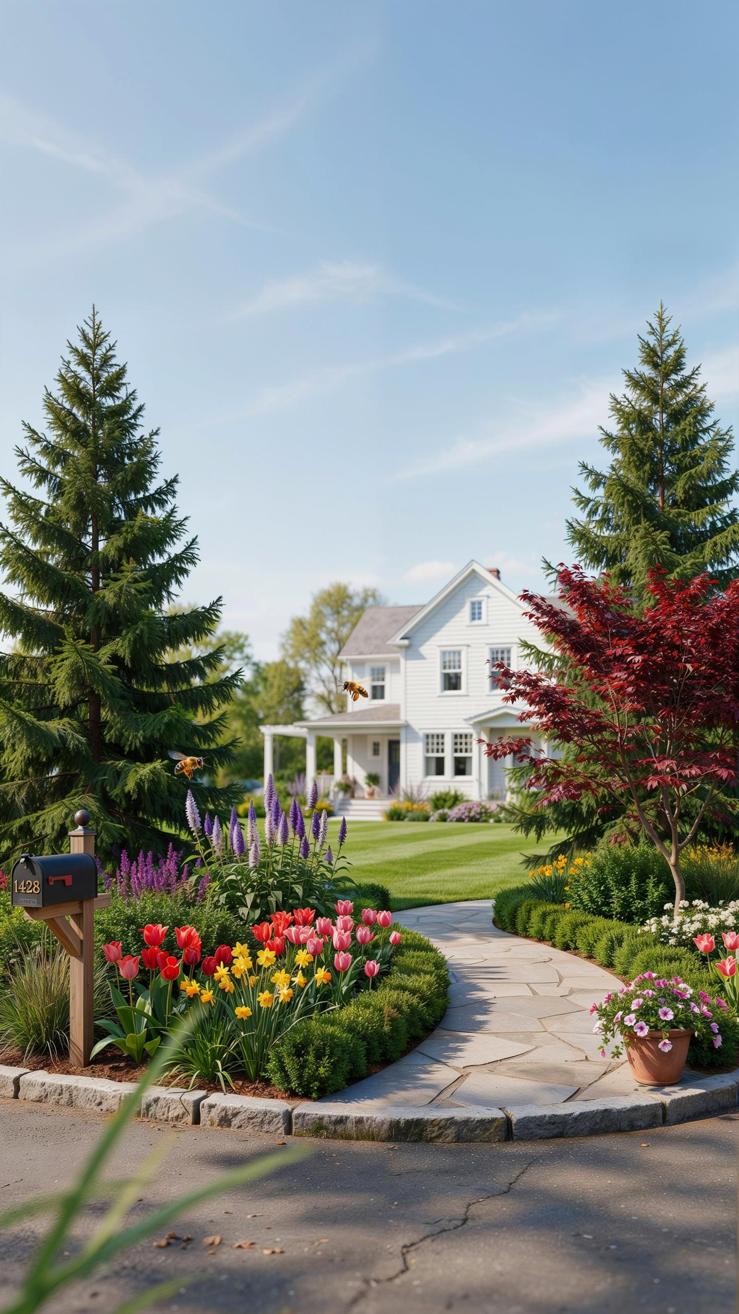 A white two-story house with a porch is nestled among lush green lawns and colorful flower beds, with a curved stone pathway leading up to the entranc