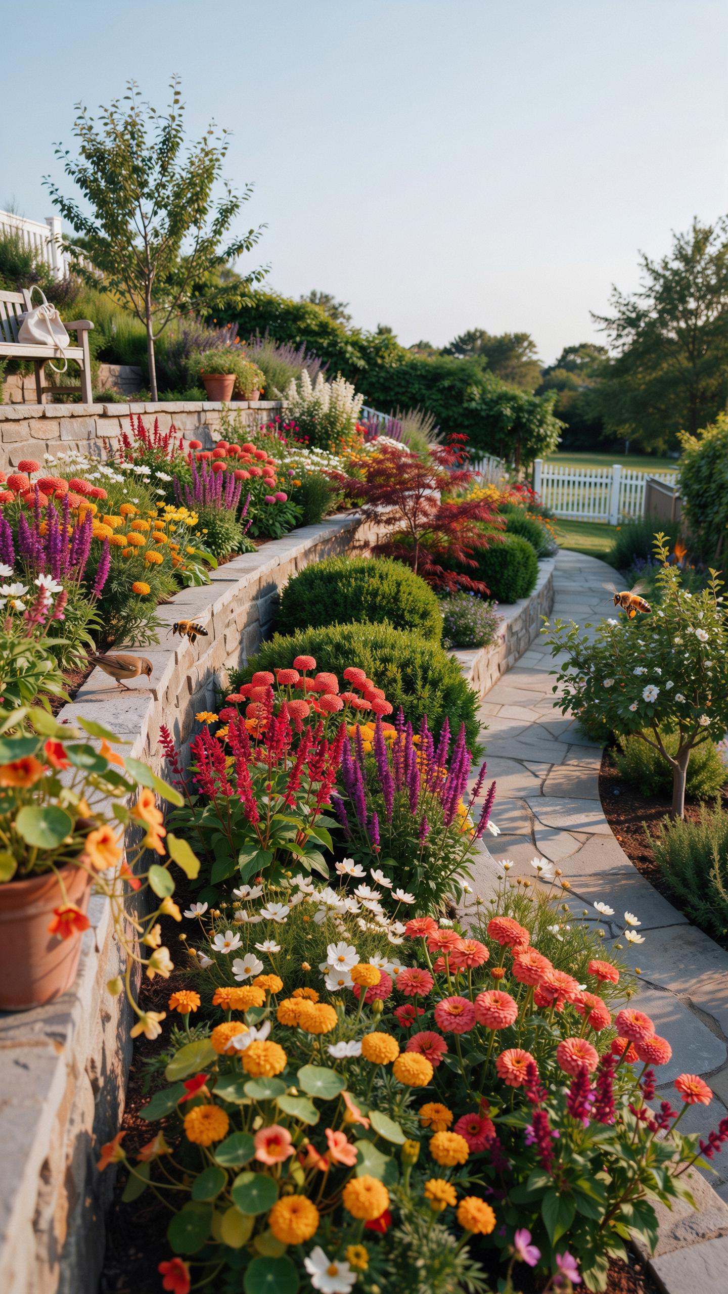A vibrant tiered garden features multiple levels of stone retaining walls holding a colorful array of blooming flowers and green shrubs, with a windin