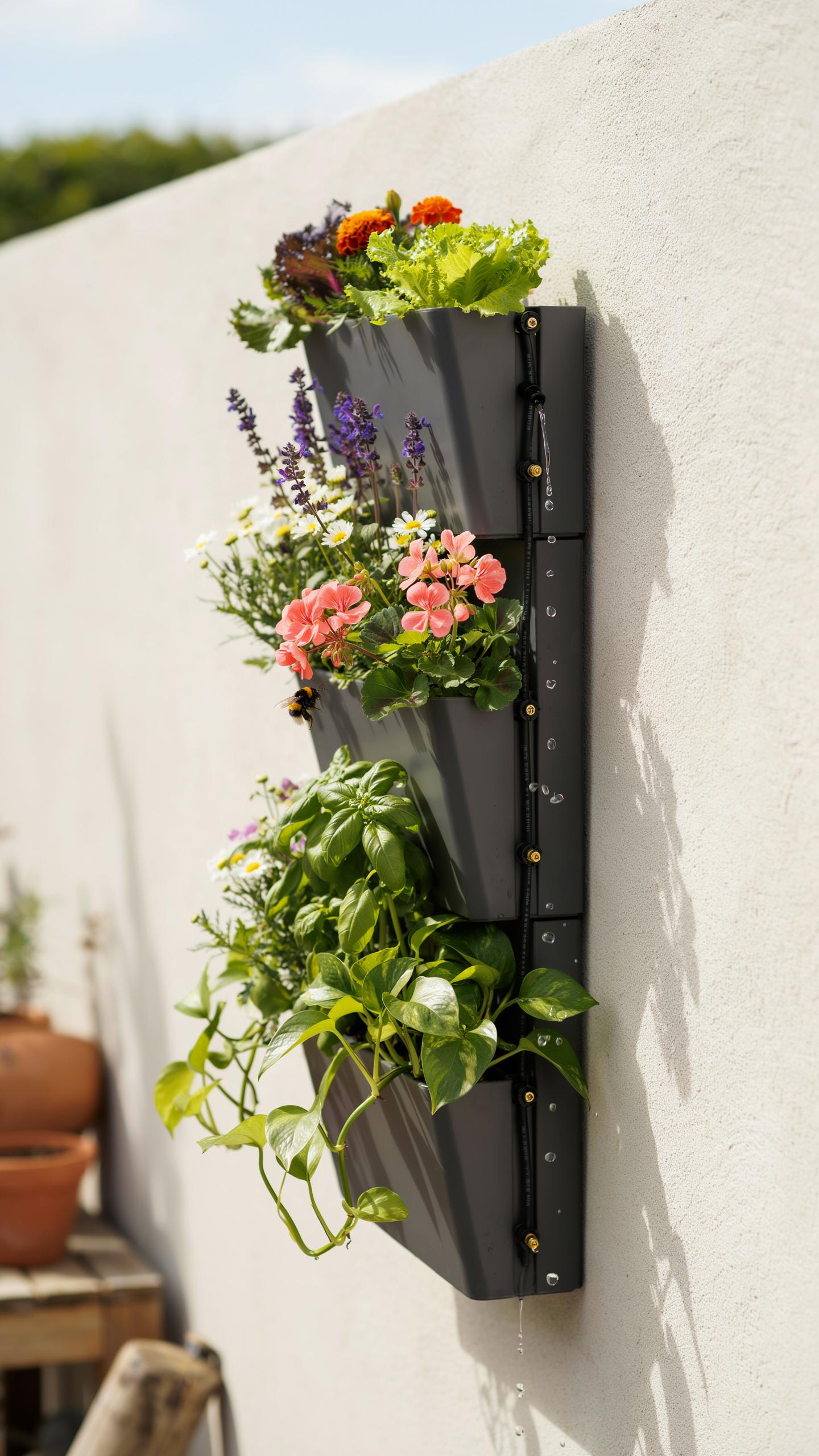 A vertical garden planter, consisting of four stacked dark gray modules, is mounted on a light-colored outdoor wall, filled with various green plants