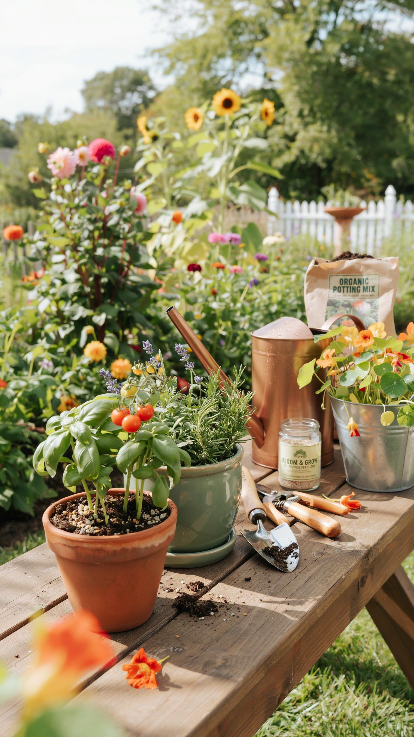 A rustic wooden table in a sunny garden holds gardening tools, potted herbs with tomatoes, a watering can, a bag of soil, and a potted plant with oran