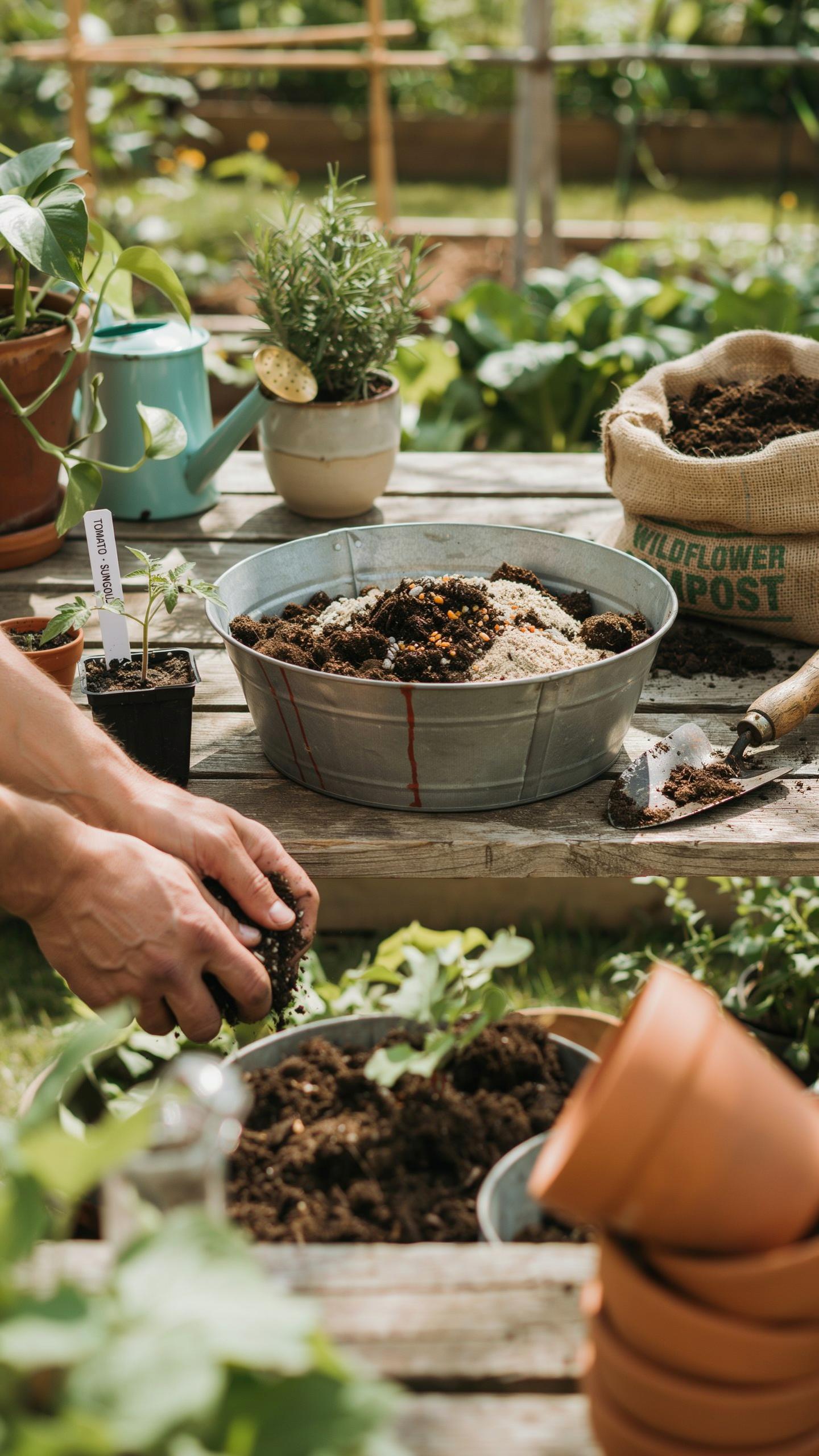 A person's hands are visible at the bottom left, planting a small seedling into a pot with soil on a rustic wooden table in a sunny garden setting, su