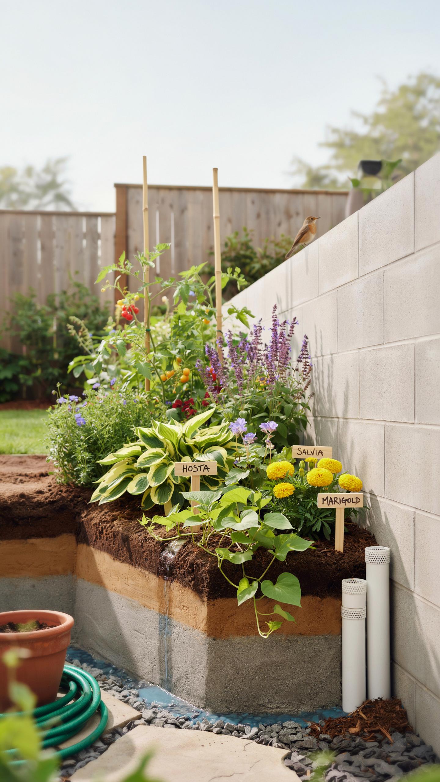 A thriving L-shaped raised garden bed, constructed from concrete blocks, is filled with various plants, including hostas, marigolds, and tomatoes, nex