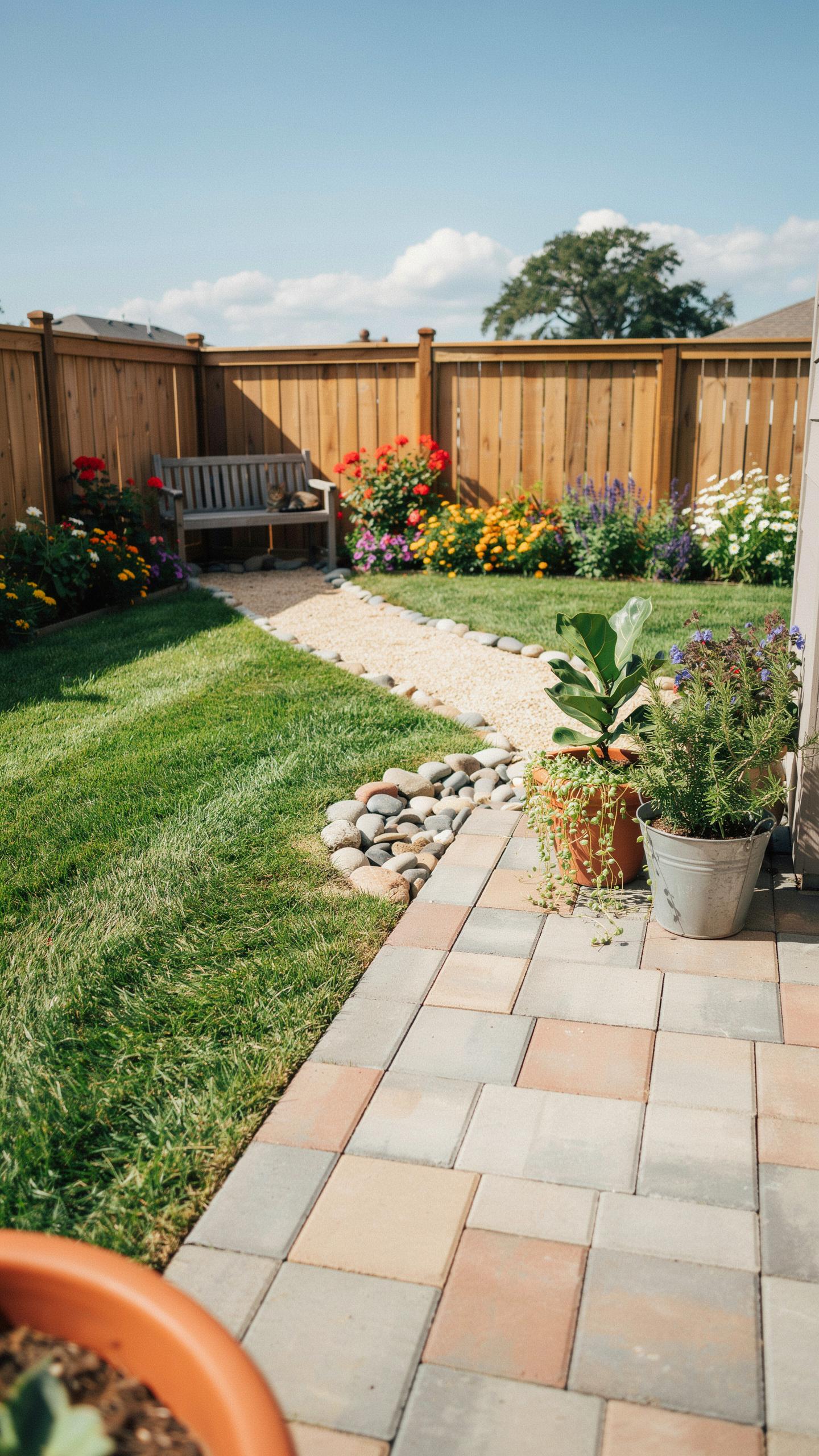 A vibrant backyard features a paver patio in the foreground, transitioning to a grassy lawn on the left and a winding stone path leading to a wooden b