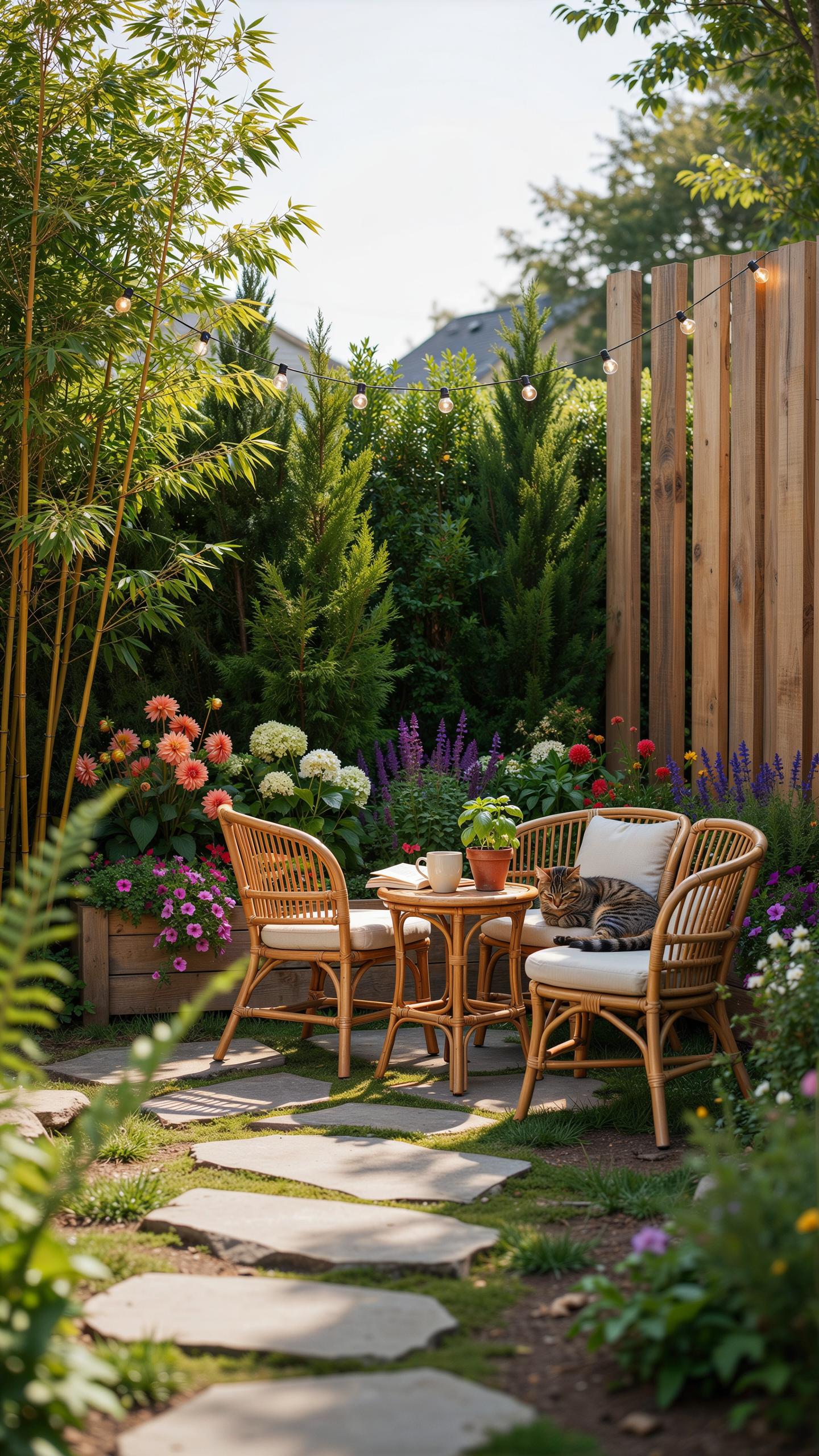 A cozy outdoor seating area features two rattan chairs and a small matching table on a flagstone path, surrounded by lush green foliage, blooming flow