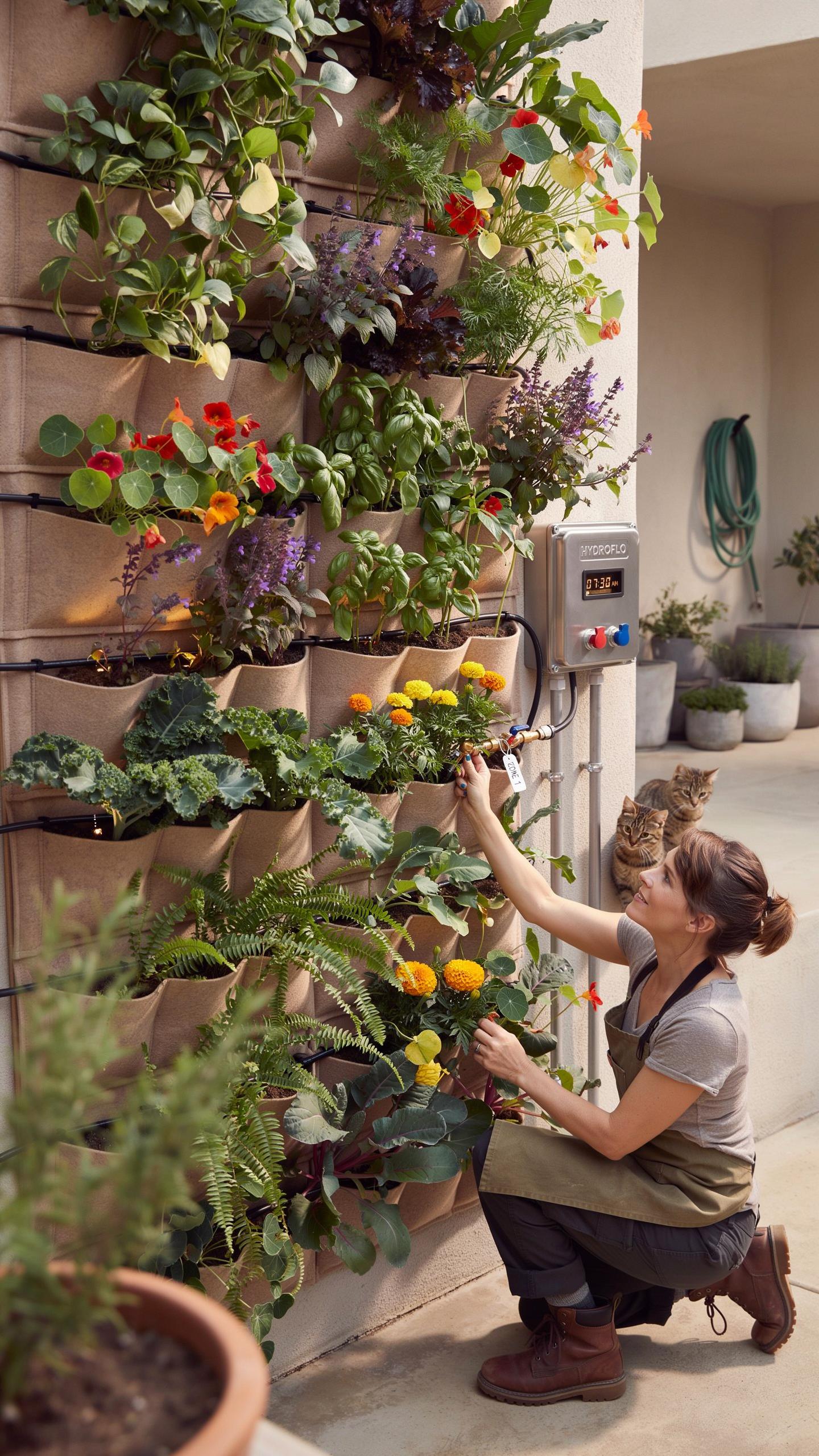 A woman with dark hair and a gray t-shirt under a dark apron kneels next to a large vertical garden, tending to plants in the middle rows. The garden