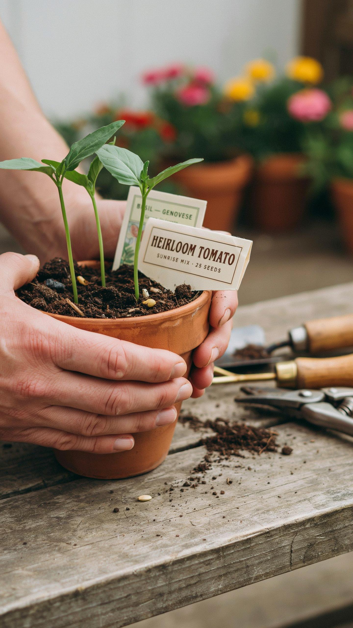 A person's hands hold a small terracotta pot containing three young green tomato seedlings with paper plant markers, against a rustic wooden table wit
