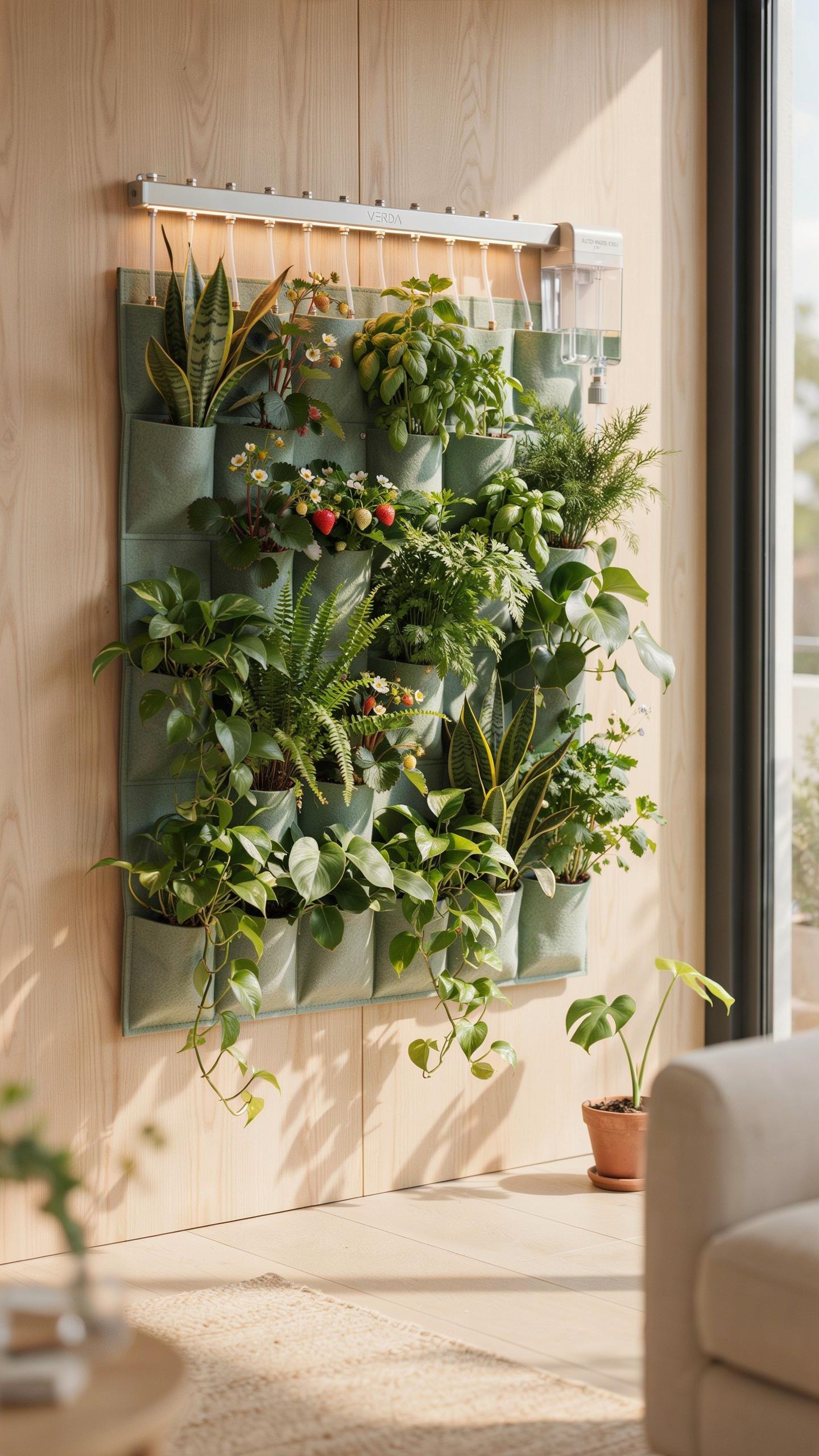 A vertical garden with numerous green plants in light green fabric pockets is mounted on a light wood wall, illuminated by an overhead grow light.