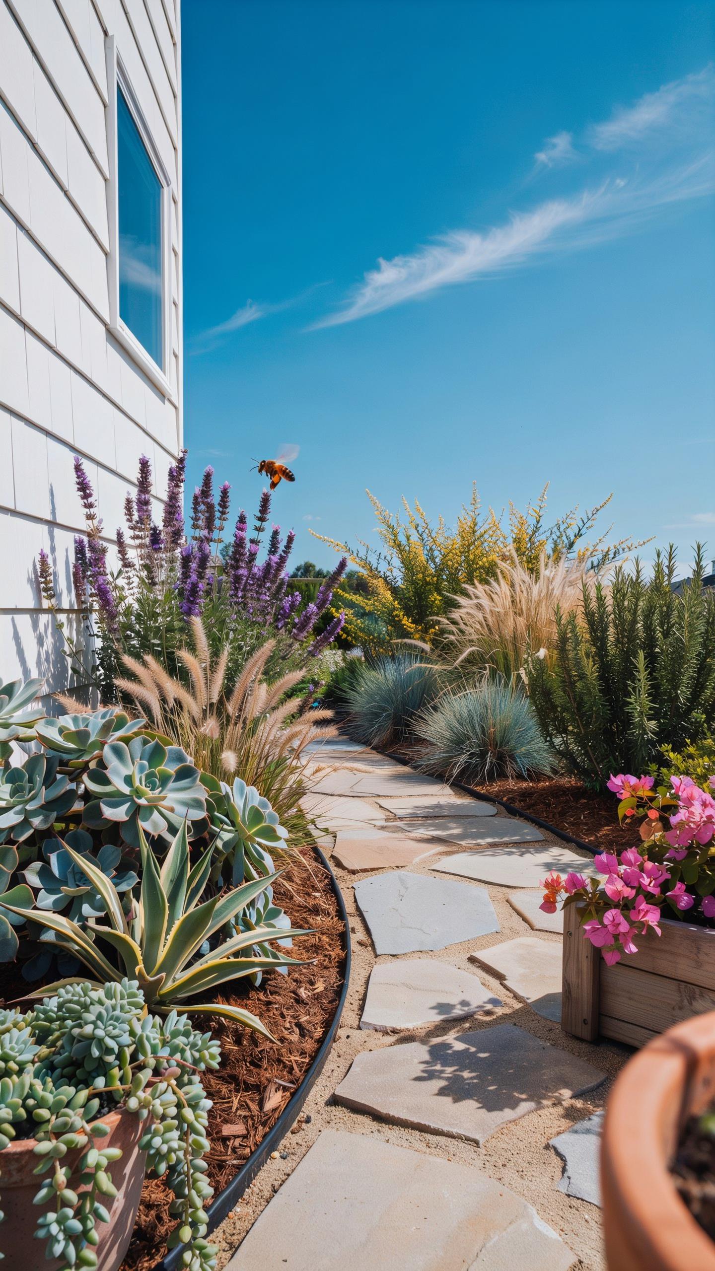 A narrow flagstone pathway curves through a lush, drought-tolerant garden with various succulents, ornamental grasses, and lavender, alongside a white
