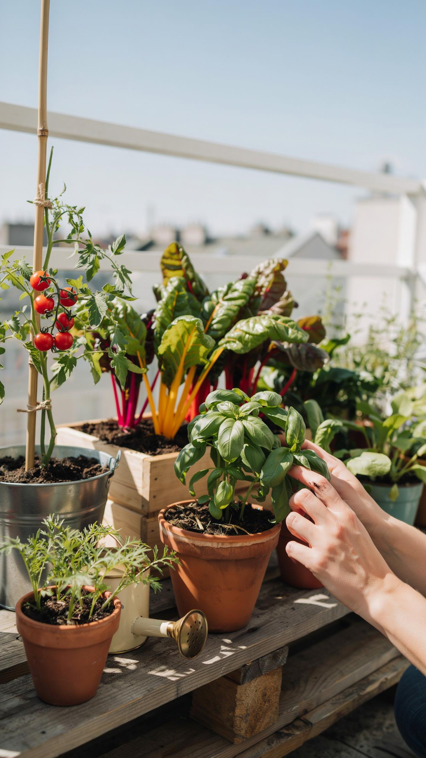 A close-up shot of a person tending to a variety of potted herbs and vegetables, including tomatoes, Swiss chard, and basil, arranged on wooden pallet