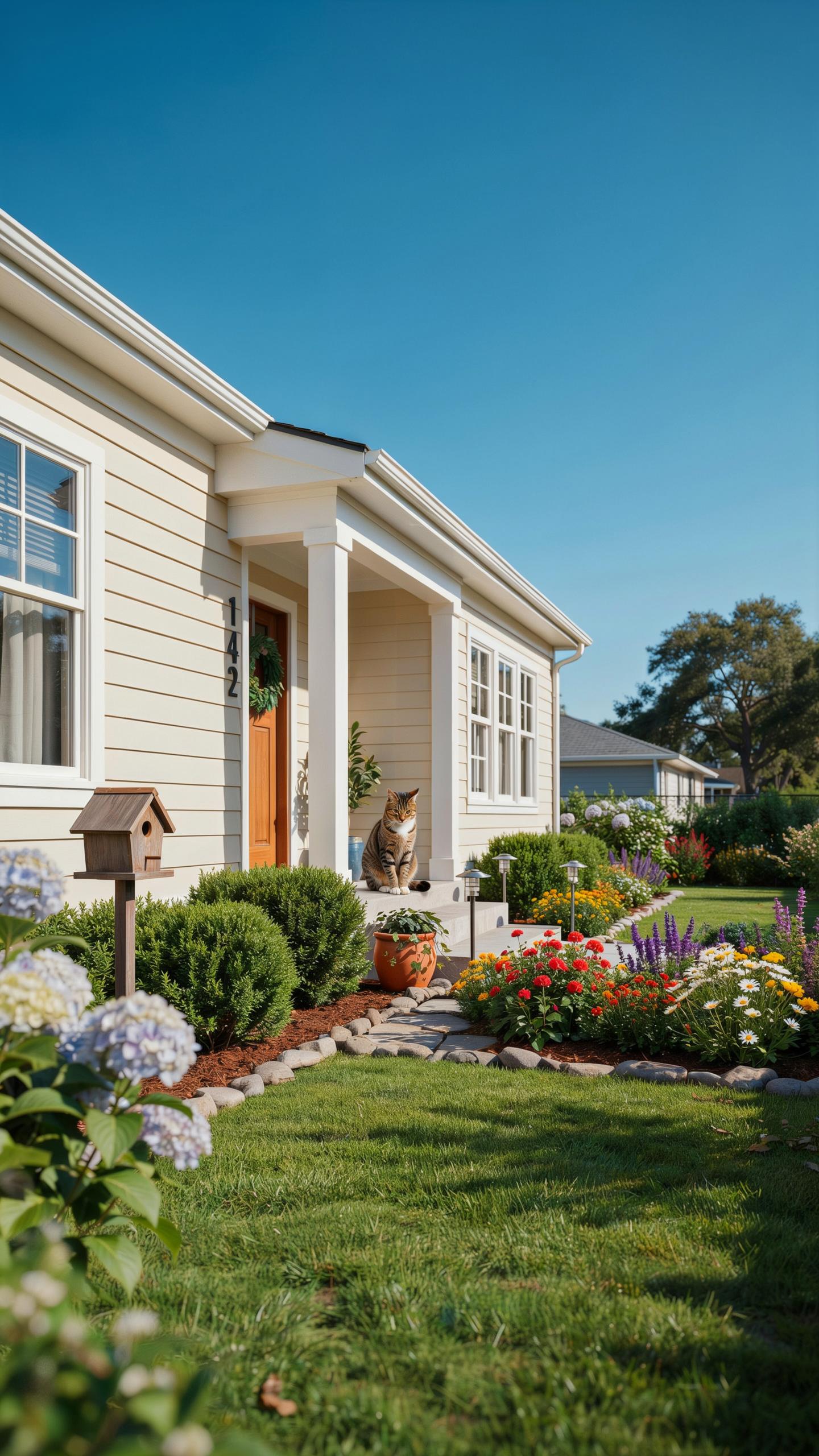 A light beige suburban house with white trim and an orange front door, set amidst a vibrant, manicured garden with a small brown birdhouse in the fore