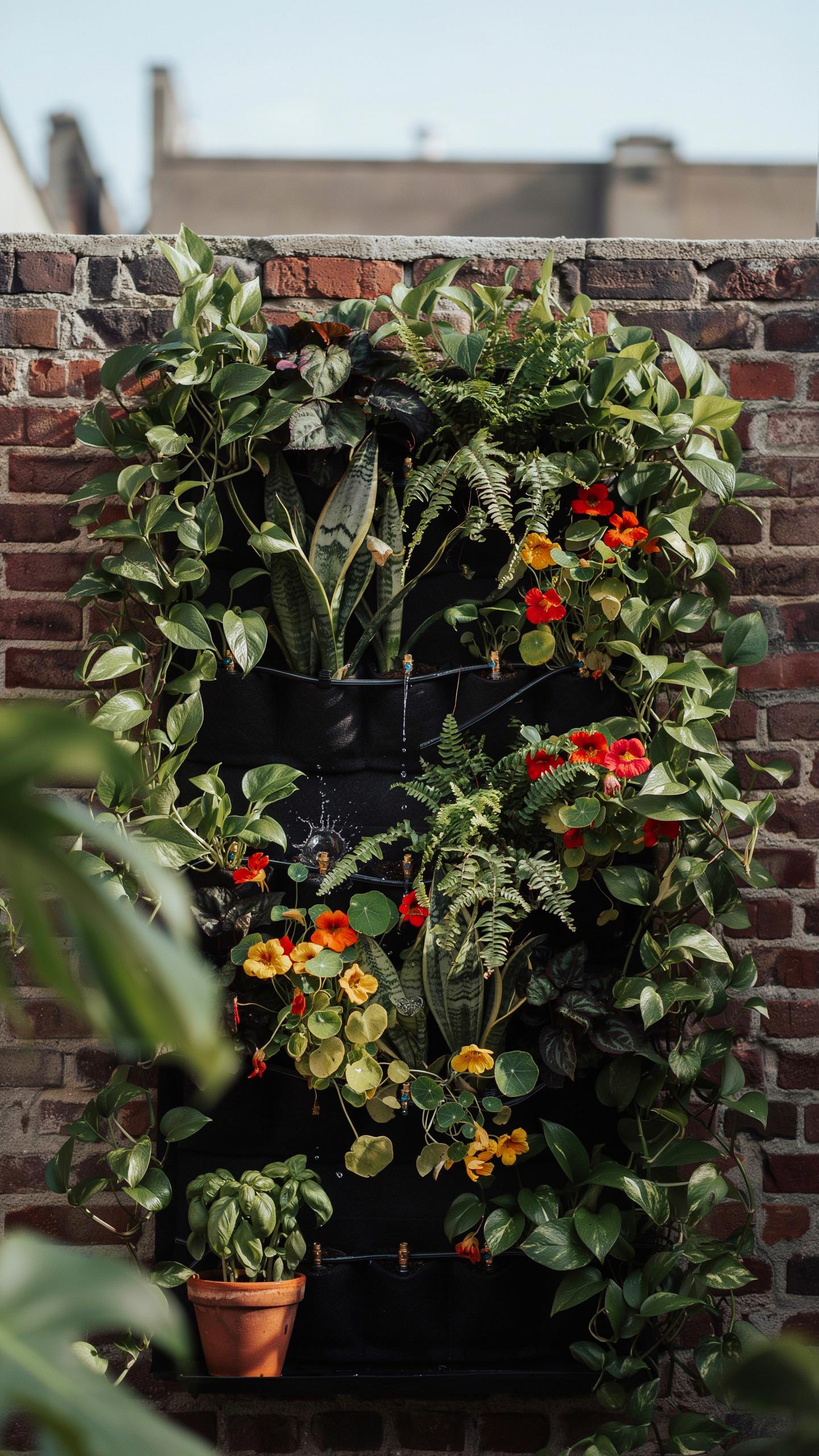 A vertical garden comprising multiple pockets filled with various green plants and colorful orange and red flowers is mounted on a brick wall, with a