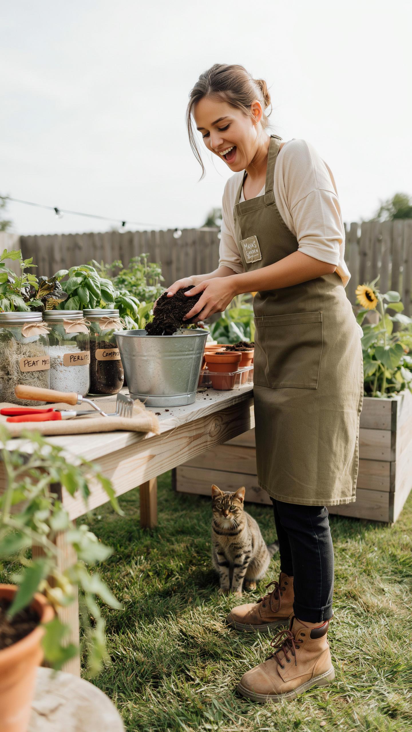 A smiling young woman in an apron stands outdoors, scooping dark soil from a bowl into a metal bucket on a wooden workbench, while a tabby cat sits at