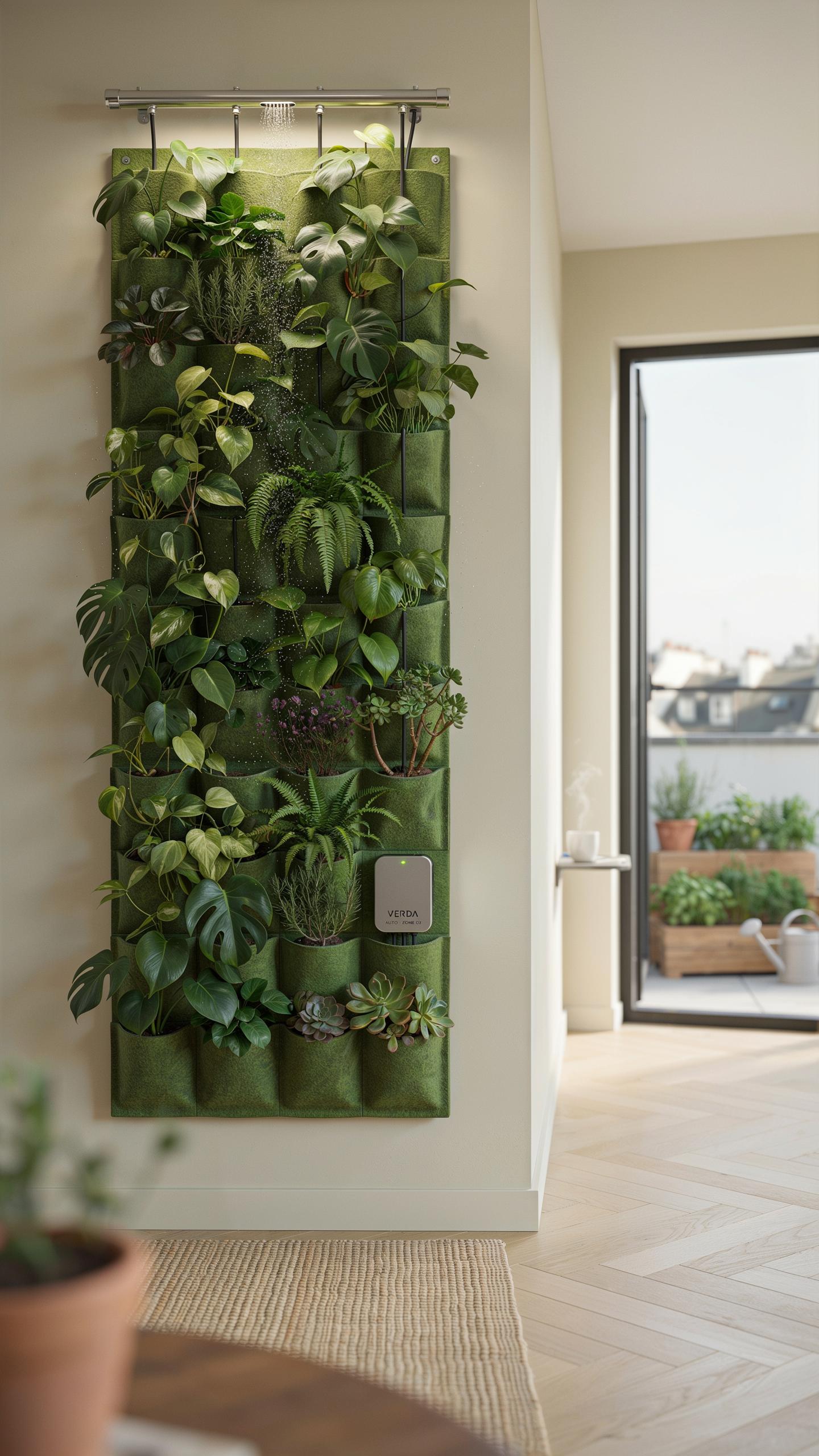 A full-length vertical garden with numerous green plants in individual pockets hangs on a light beige wall in a modern apartment, with a balcony with