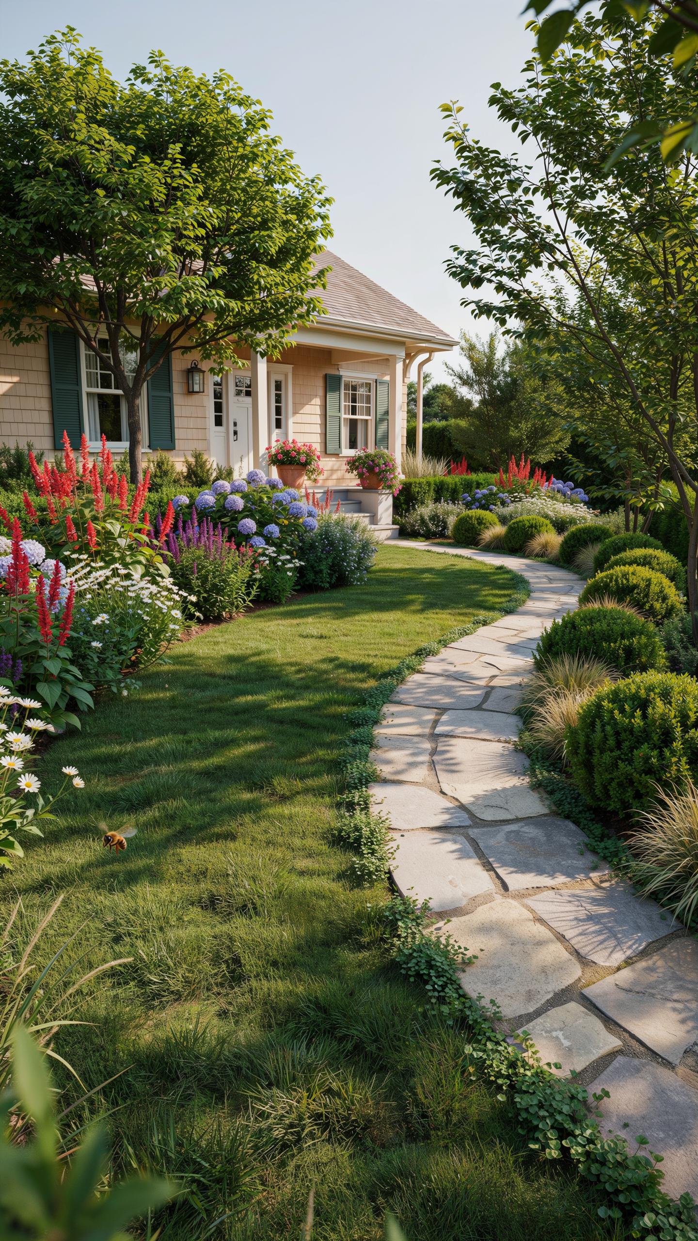A charming, light yellow house with green shutters is partially visible behind a vibrant, curving garden path made of light-colored flagstones, surrou