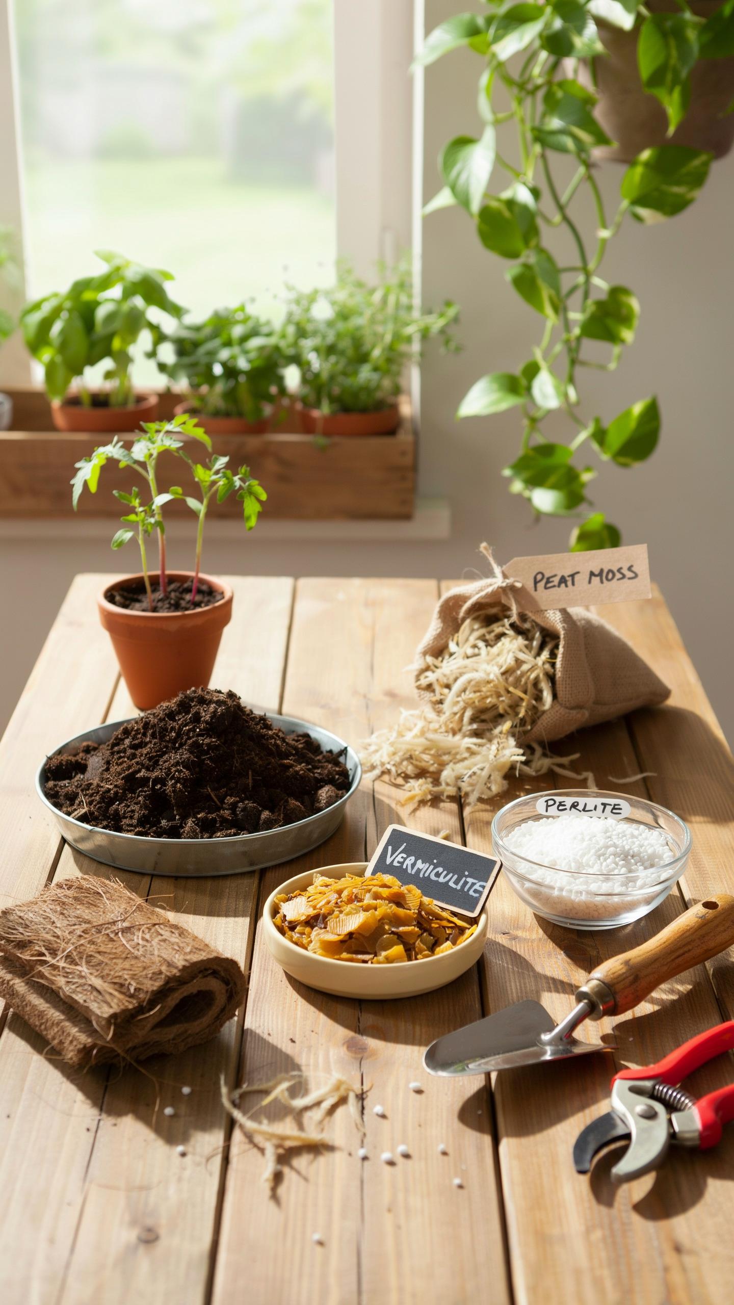 A flat lay shot on a rustic wooden table displays gardening essentials: a small potted seedling, a pile of dark soil, a bag of peat moss, a bowl of pe