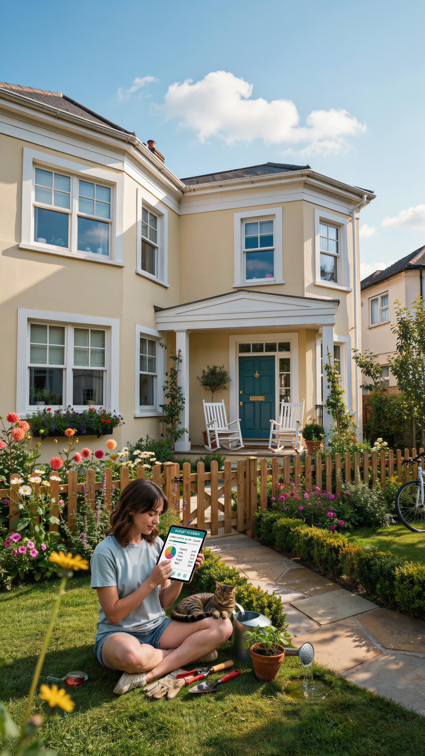 A young woman with brown hair sits cross-legged on a vibrant green lawn, pointing at a tablet with a gardening app open, a fluffy cat beside her, in f